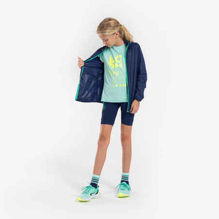 Kids' Kiprun Wind running windproof hooded jacket - navy green 