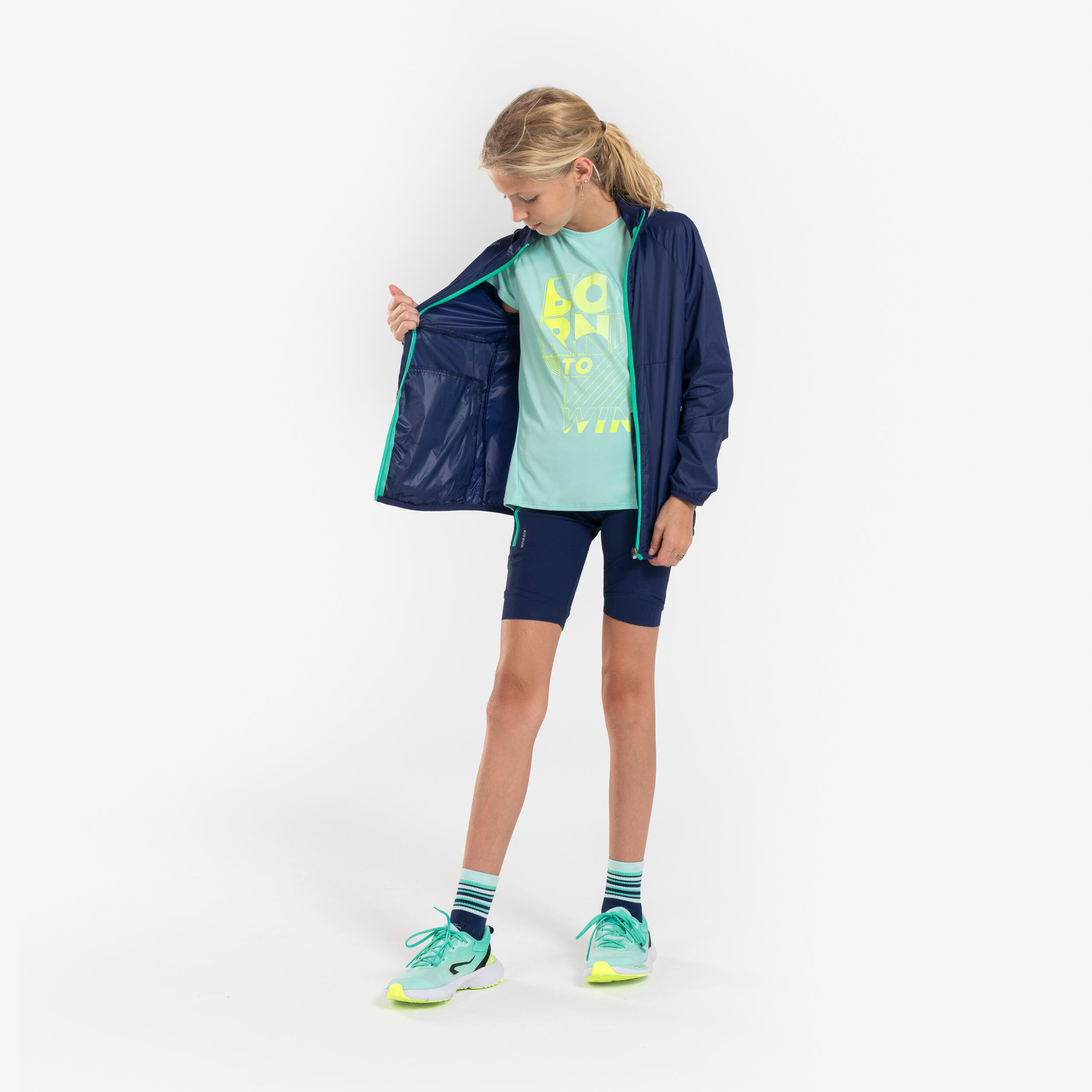 Children's windproof running jacket with hood - Kiprun wind navy green