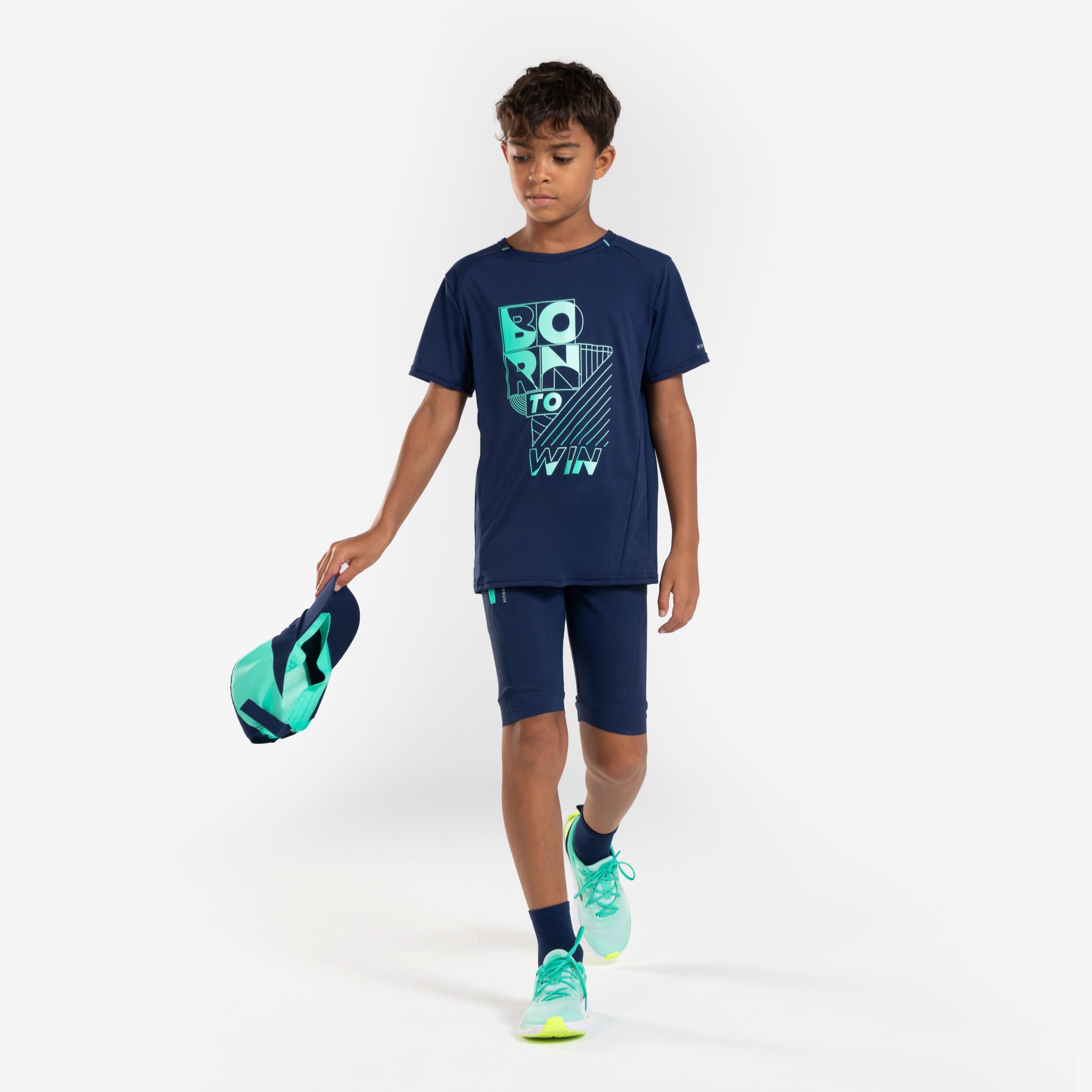 Kids' KIPRUN dry+ running shorts - navy blue and green 16/17
