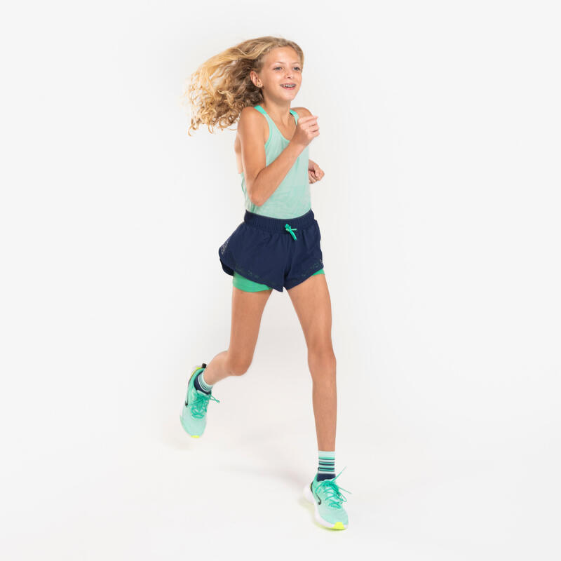Calções de Atletismo respiráveis Menina - KIPRUN DRY 900 em azul marinho verde