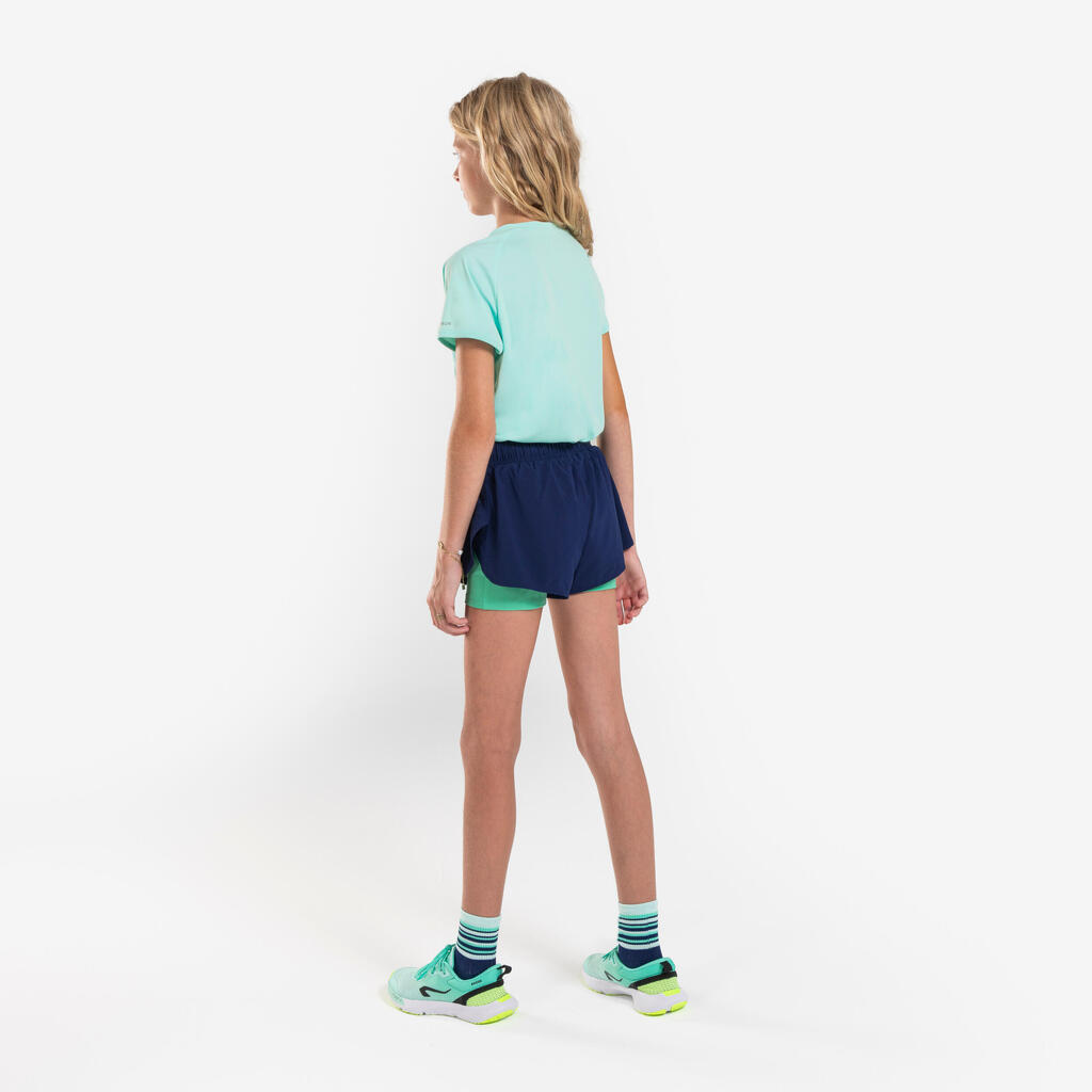 Dievčenské bežecké šortky so všitými legínami Dry 900 priedušné modro-zelené