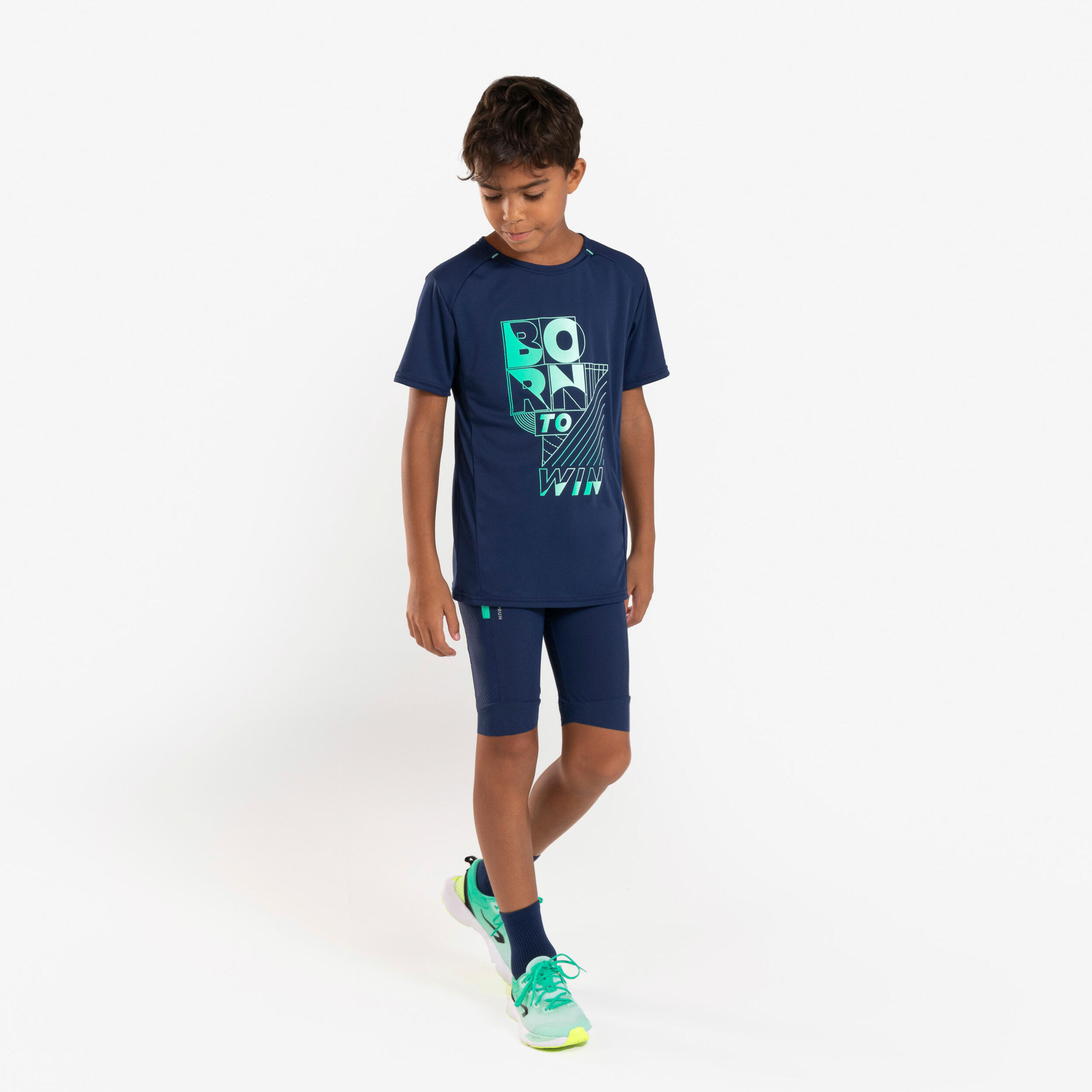 Kids' KIPRUN dry+ running shorts - navy blue and green 14/17