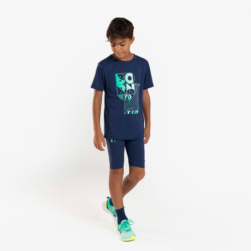 Cuissard de running Enfant-KIPRUN dry+ bleu marine et vert