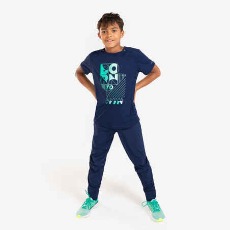 Vaikiškos bėgimo kelnės su užtrauktuku „Kiprun Dry+“, tamsiai mėlyna, žalia