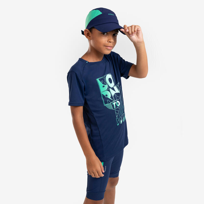 T-Shirt Respirável de Corrida Criança KIPRUN Dry+ 500 Azul Marinho/Verde