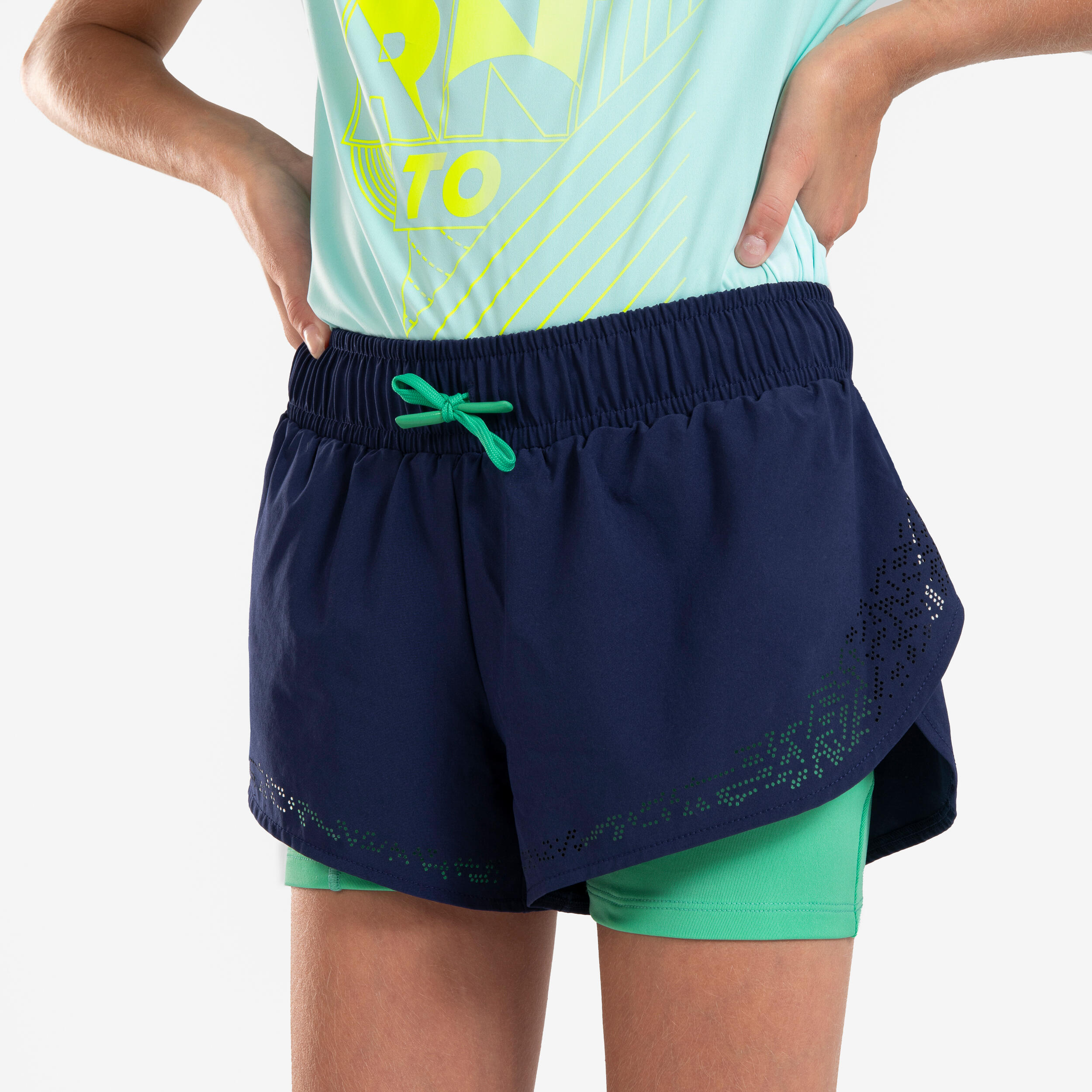 Decathlon | Pantaloncini con cosciali running bambina DRY 900 blu-verde |  Kiprun