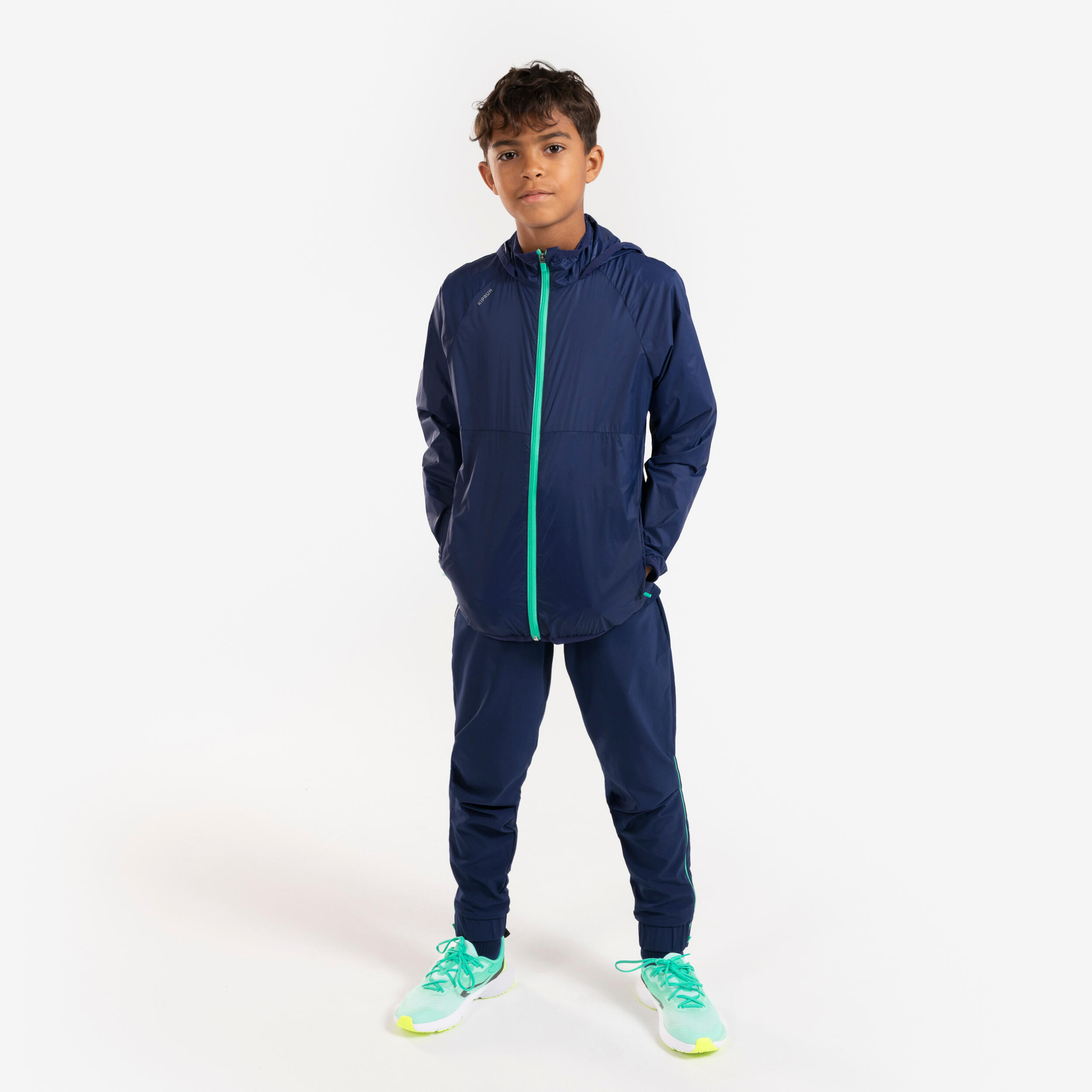 Kids' Kiprun Wind running windproof hooded jacket - navy green  1/10