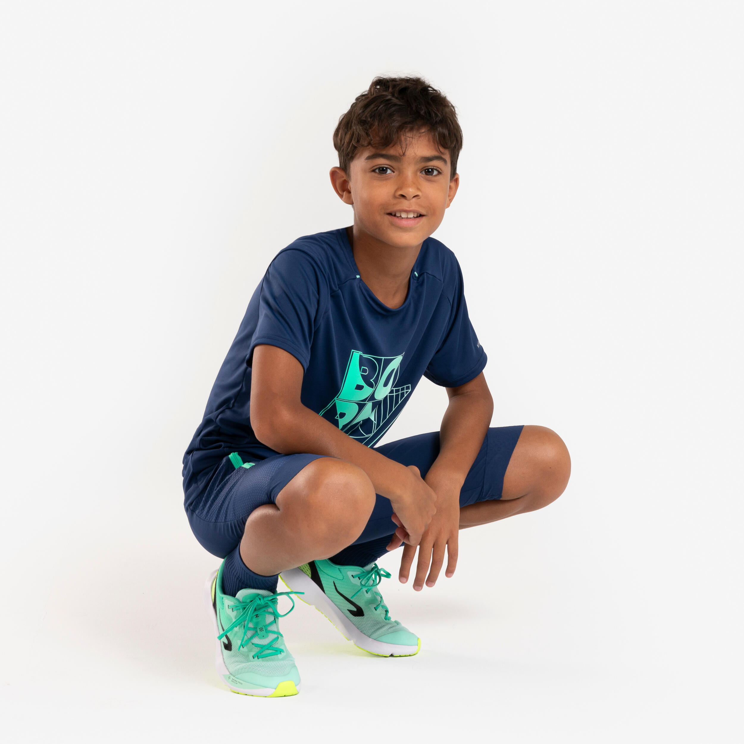 Kids' KIPRUN dry+ running shorts - navy blue and green 13/17