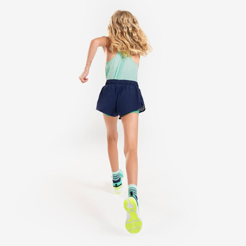 Ademende hardloopshort met binnenbroek voor meisjes DRY 900 marineblauw/groen