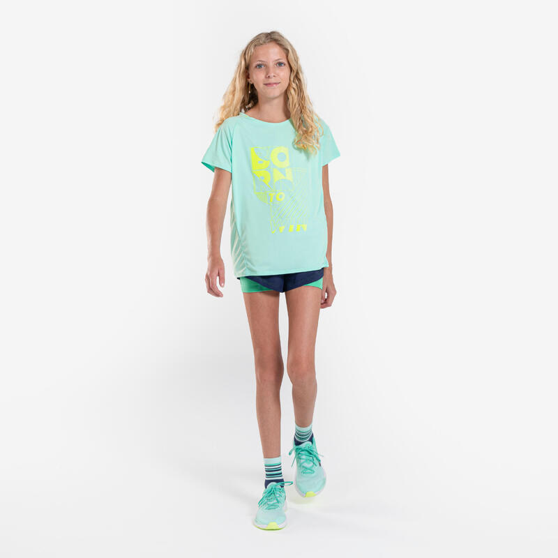 Ademende hardloopshort met binnenbroek voor meisjes DRY 900 marineblauw/groen