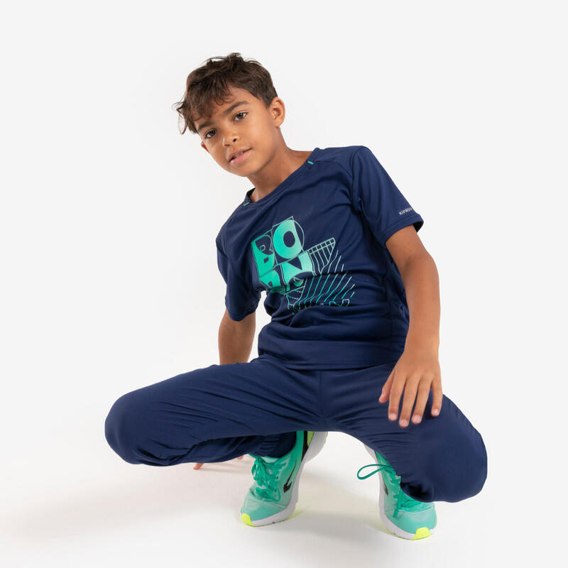 T-Shirt Respirável de Corrida Criança KIPRUN Dry+ 500 Azul Marinho/Verde