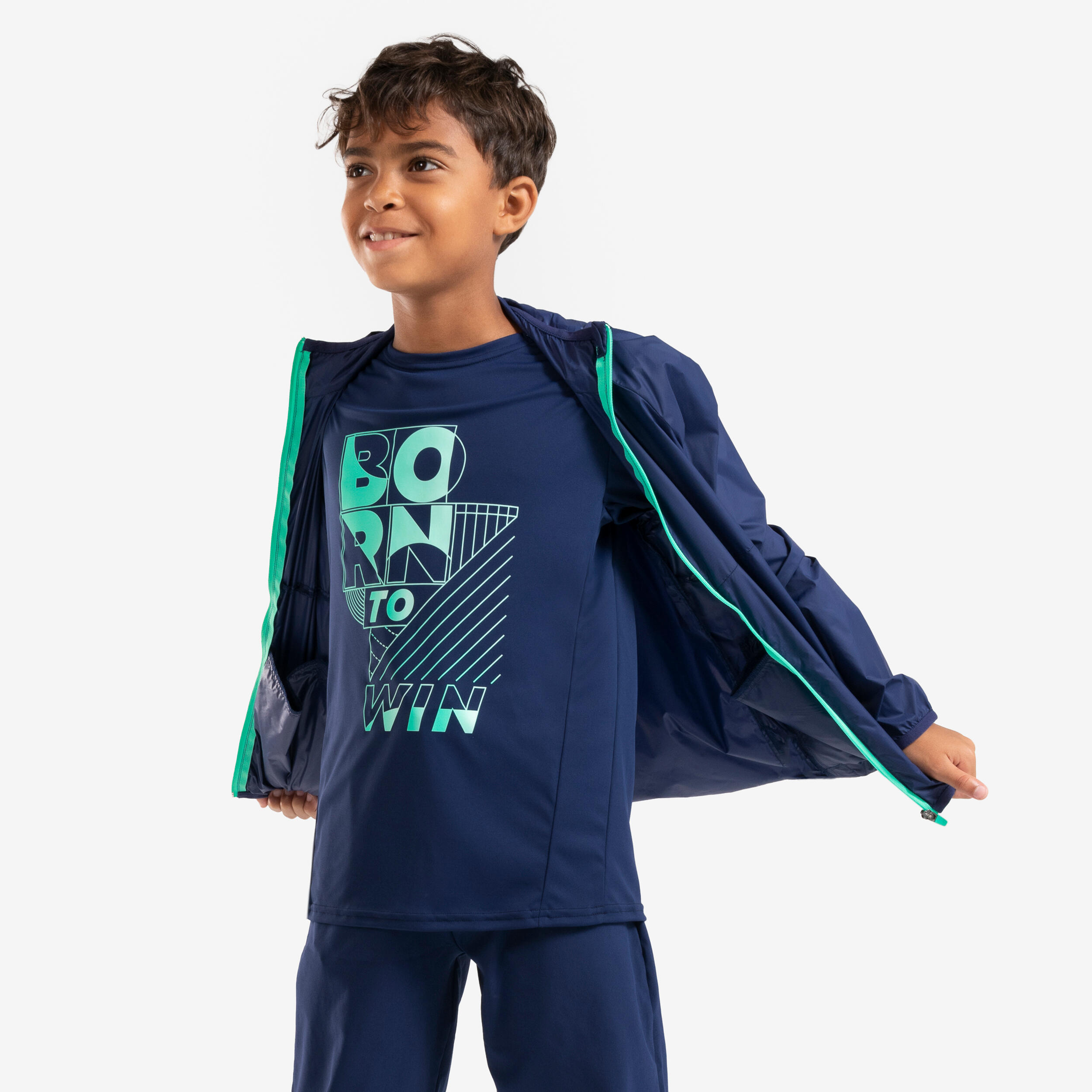 Kids' Kiprun Wind running windproof hooded jacket - navy green  4/10