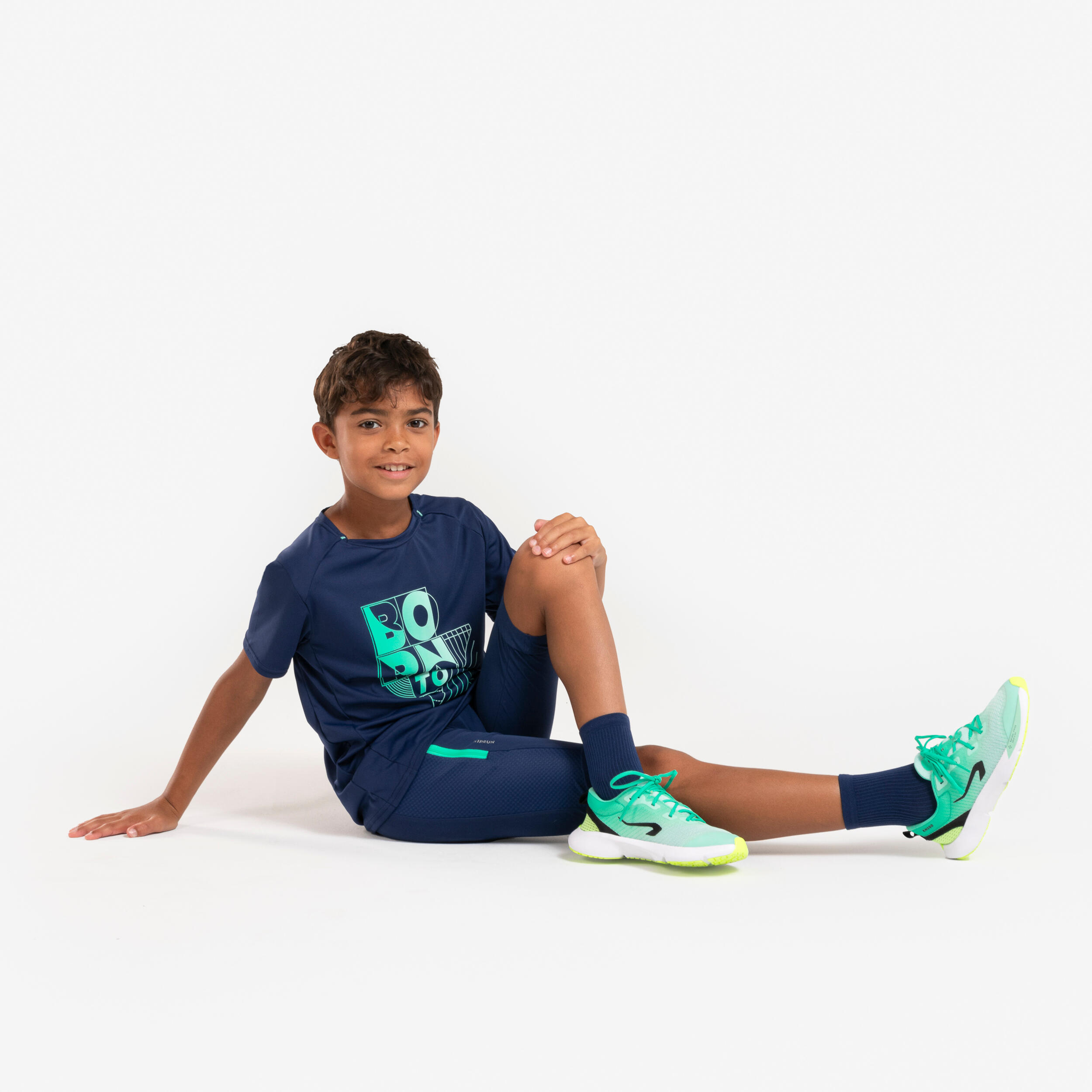 Children's running shorts-KIPRUN dry+ navy blue and green