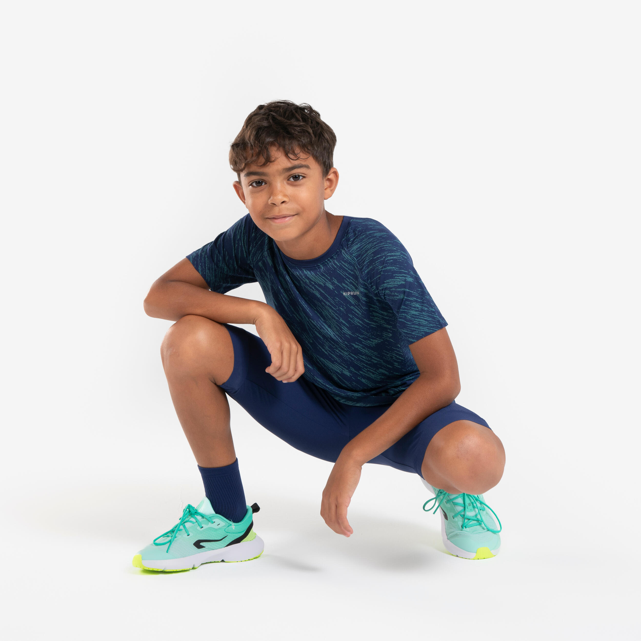 Children's running shorts-KIPRUN dry+ navy blue and green