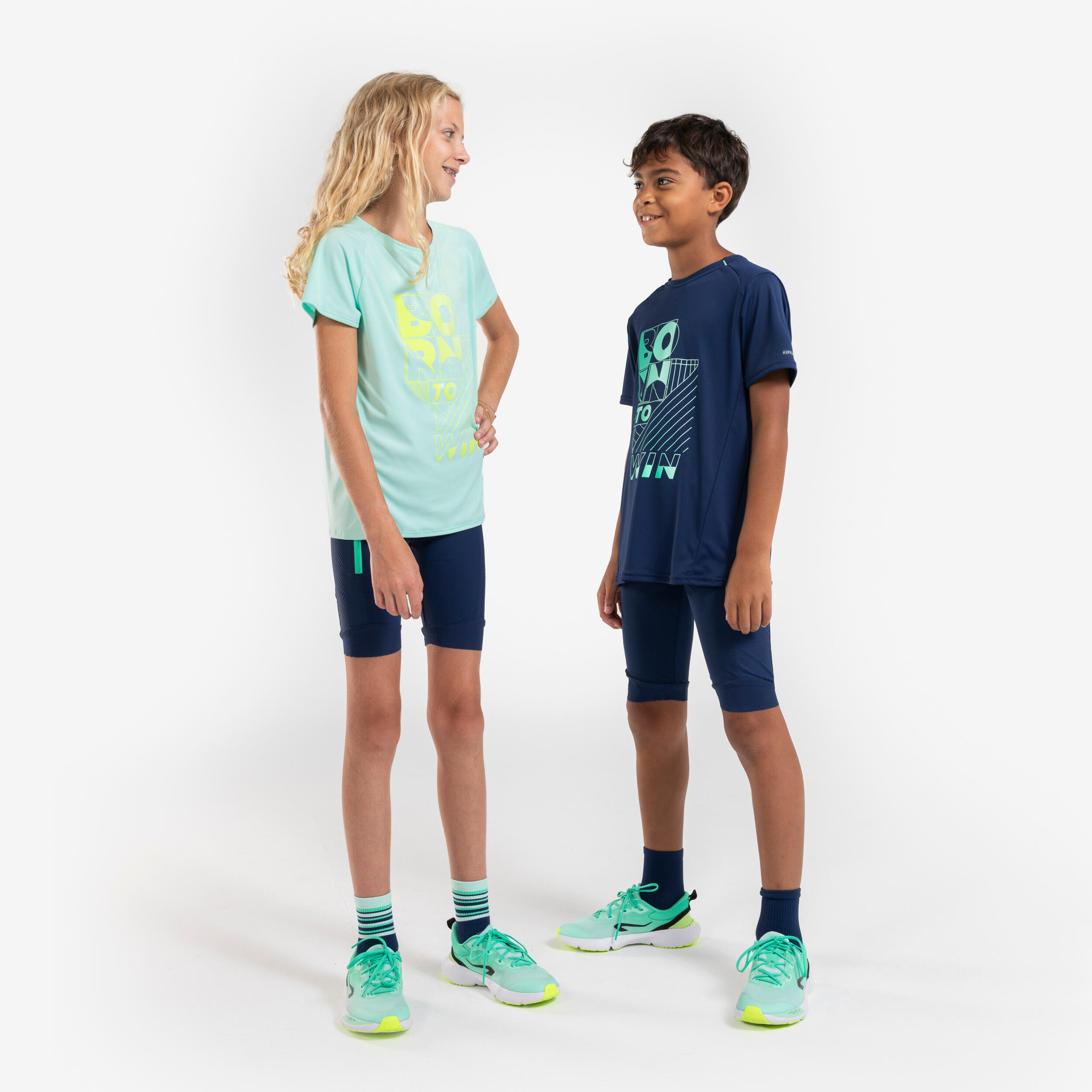 Kids' KIPRUN dry+ running shorts - navy blue and green 8/17