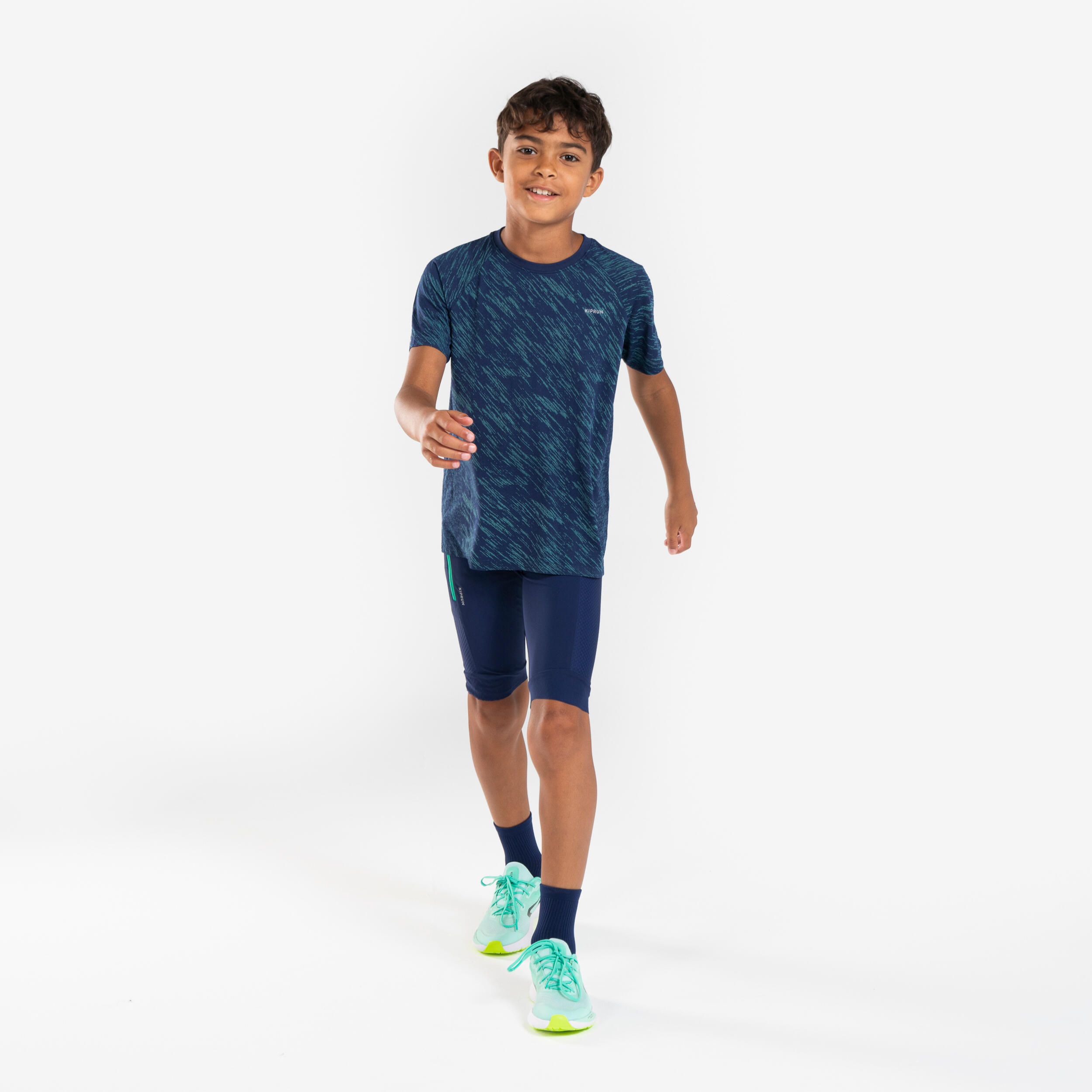 Children's running shorts-KIPRUN dry+ navy blue and green