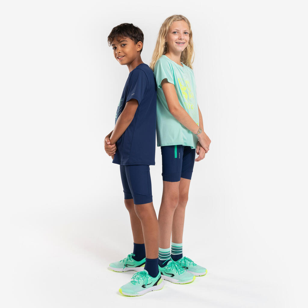 Kids' KIPRUN dry+ running shorts - navy blue and green