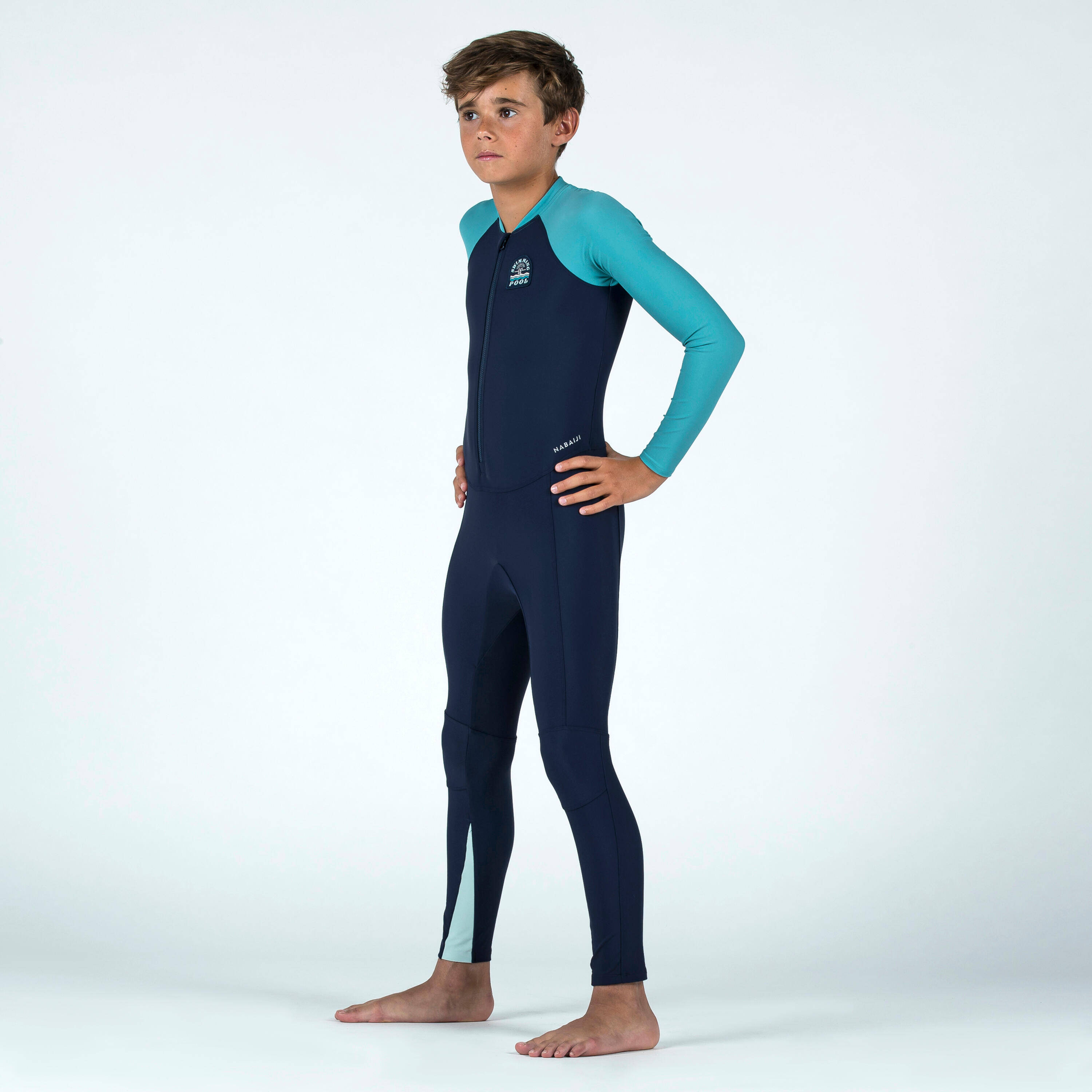 Boy's Swimsuit 100 Long Sleeves & Long Legs Sun Protection & Quick-Dry Blue UV -  4