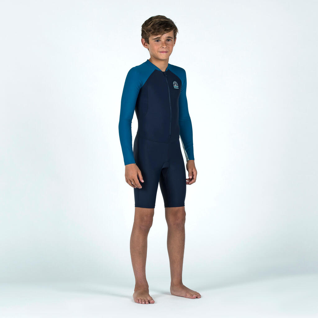 Zēnu īsais hidrotērps ar garām piedurknēm “100”, tumši zils, gaiši zils