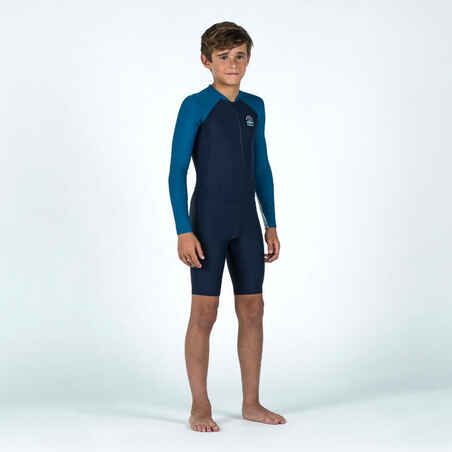 Modra kratka plavalna obleka z dolgimi rokavi 100 za dečke