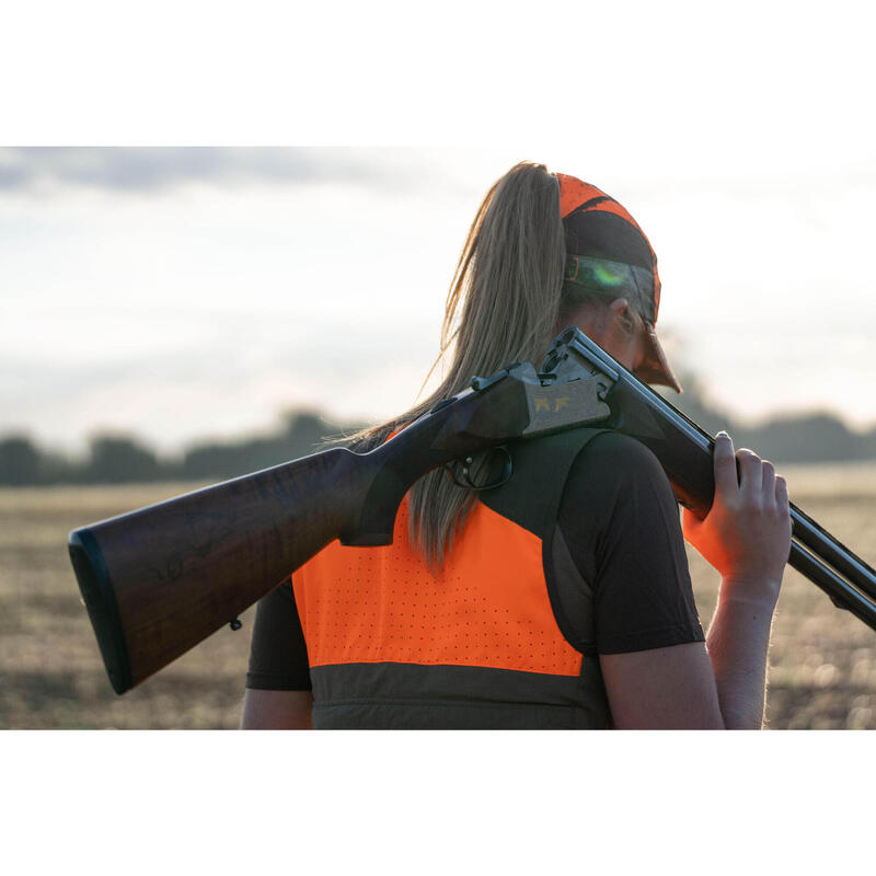 GILET CHASSE FEMME 500 LEGER RESPIRANT MARRON/FLUO