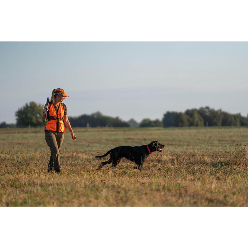 GILET CHASSE FEMME 500 LEGER RESPIRANT MARRON/FLUO