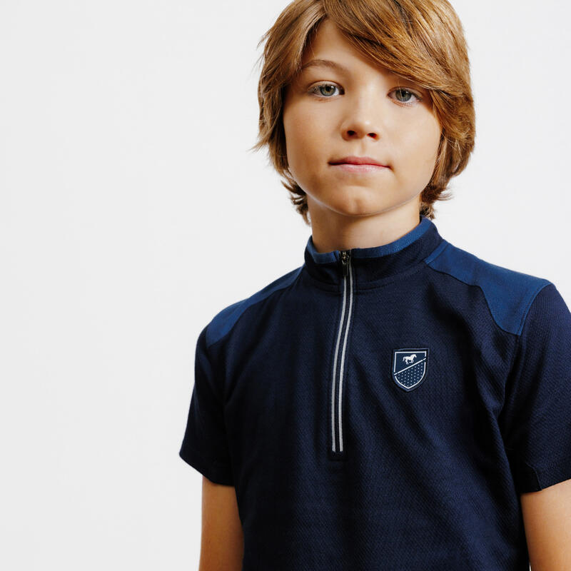 Poloshirt met rits voor paardrijden kinderen 500 korte mouwen marineblauw