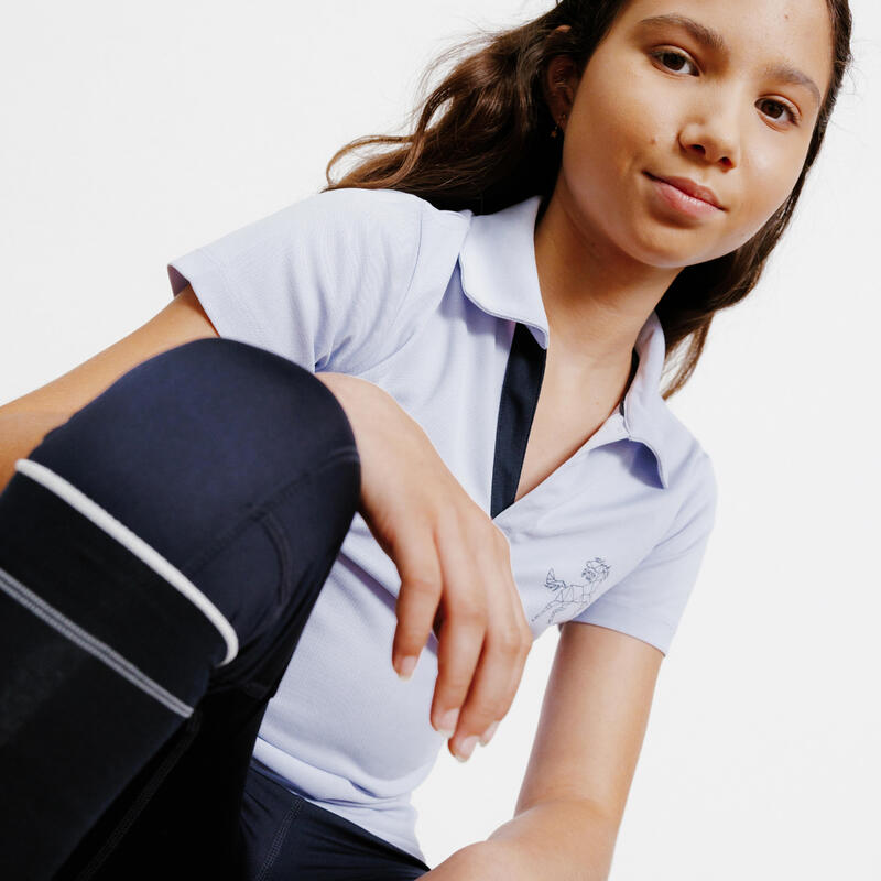 Licht poloshirt met korte mouwen voor paardrijden kinderen 500 lavendelblauw