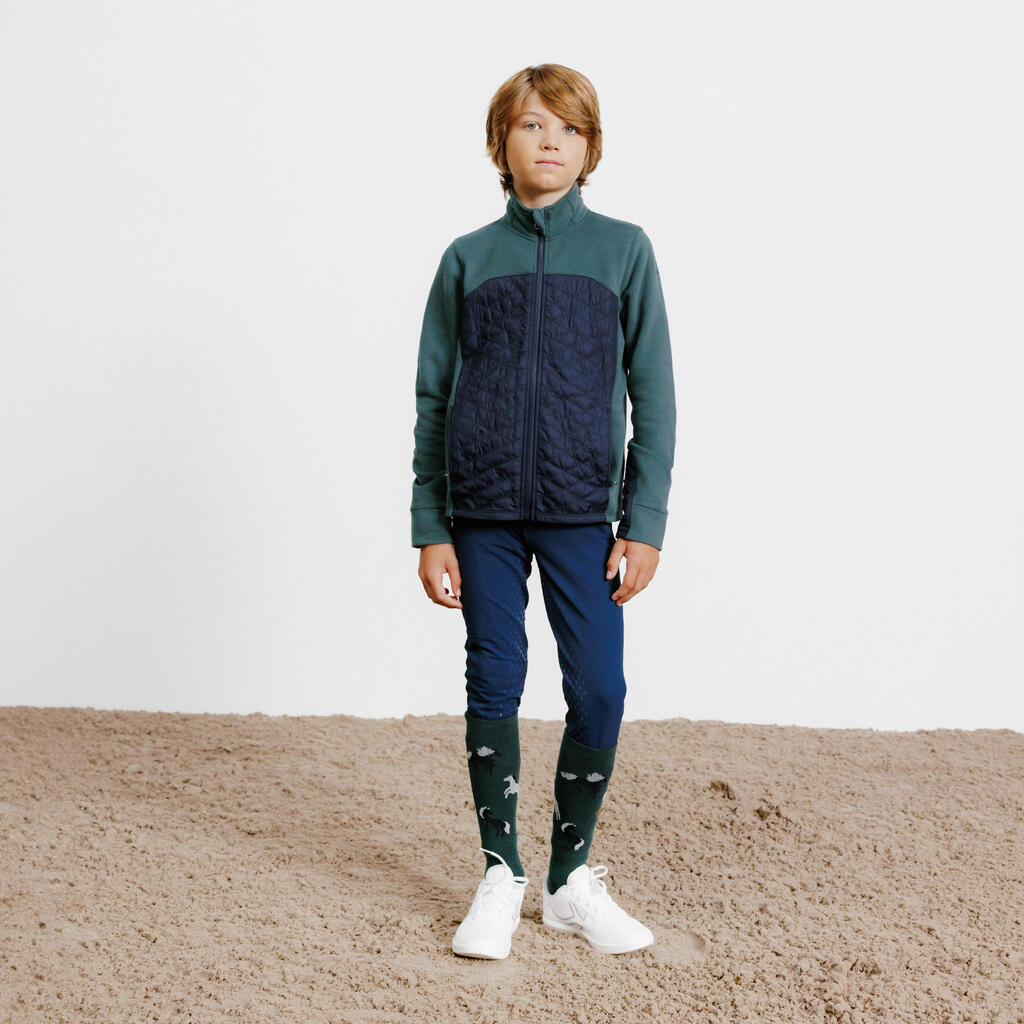 Kids' Horse Riding Dual Fabric Zip Sweatshirt 500 - Green/Navy