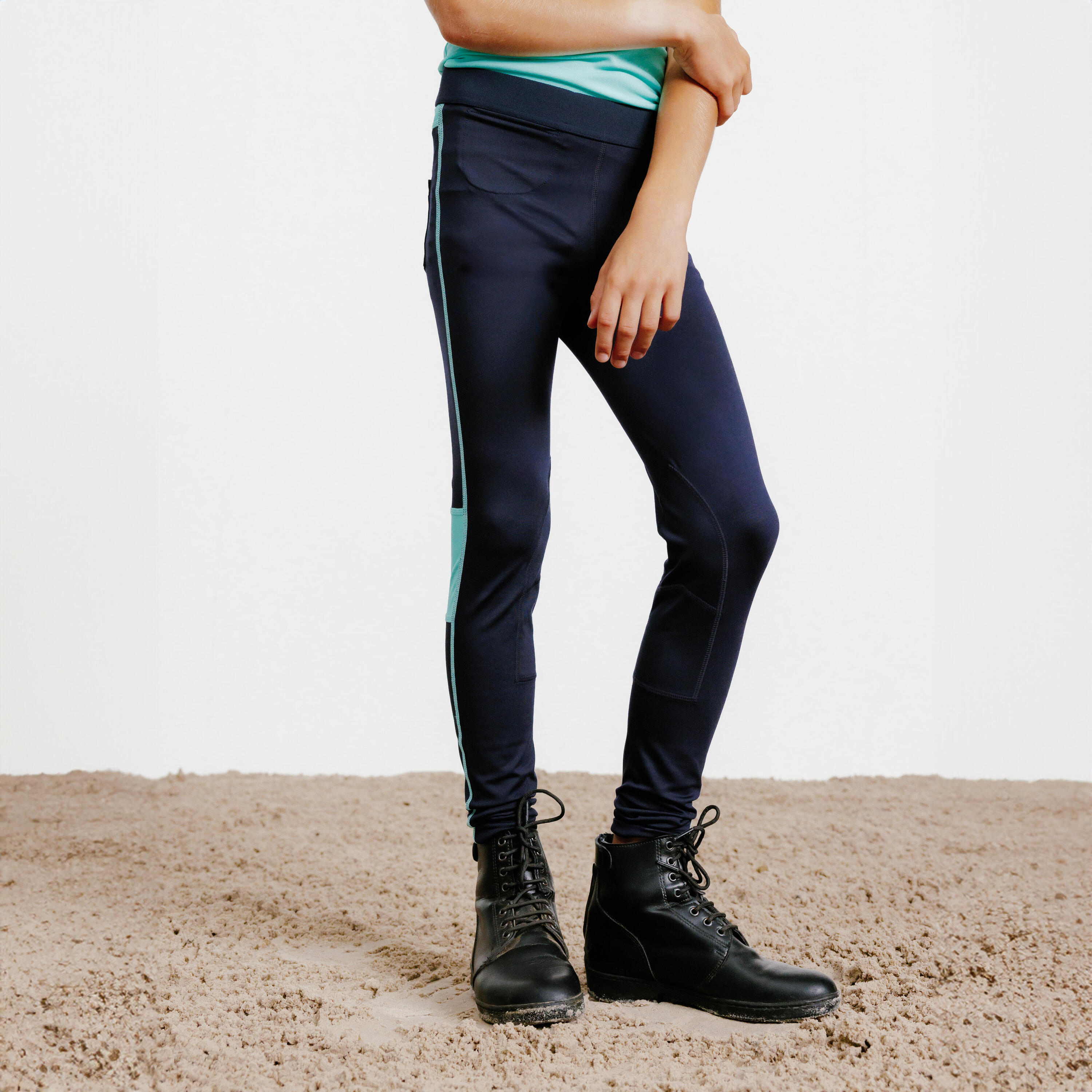 Kids' Light Horse Riding Leggings 100 - Navy/Turquoise 1/5