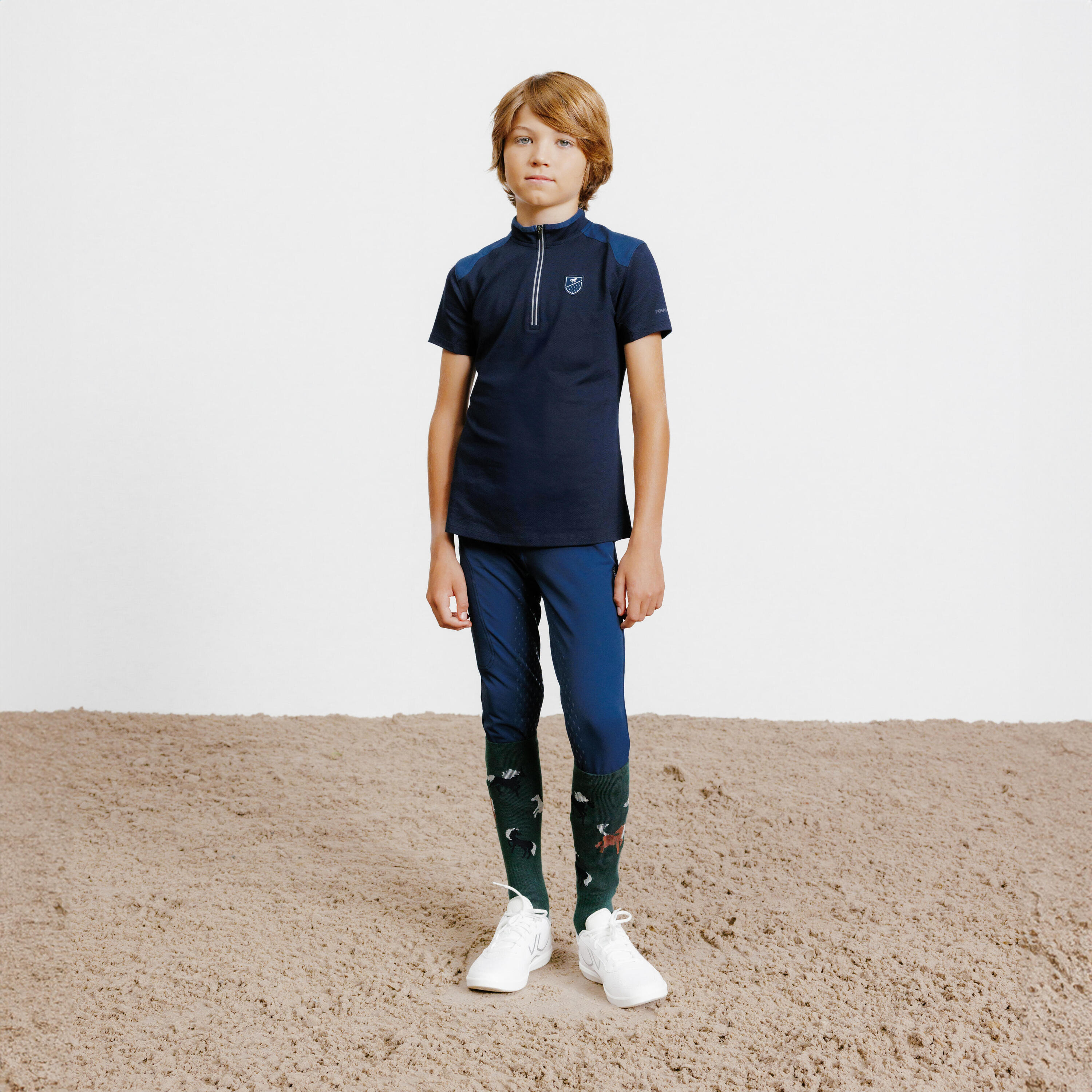 Poloshirt met rits voor paardrijden kinderen 500 korte mouwen marineblauw 2/6