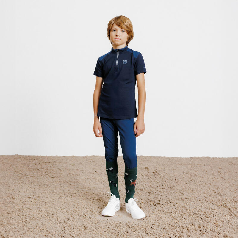 Tricou polo echitație 500 cu fermoar Bleumarin Copii