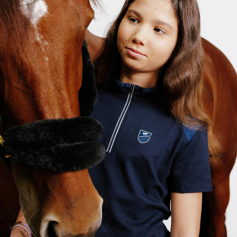 Poloshirt met rits voor paardrijden kinderen 500 korte mouwen marineblauw