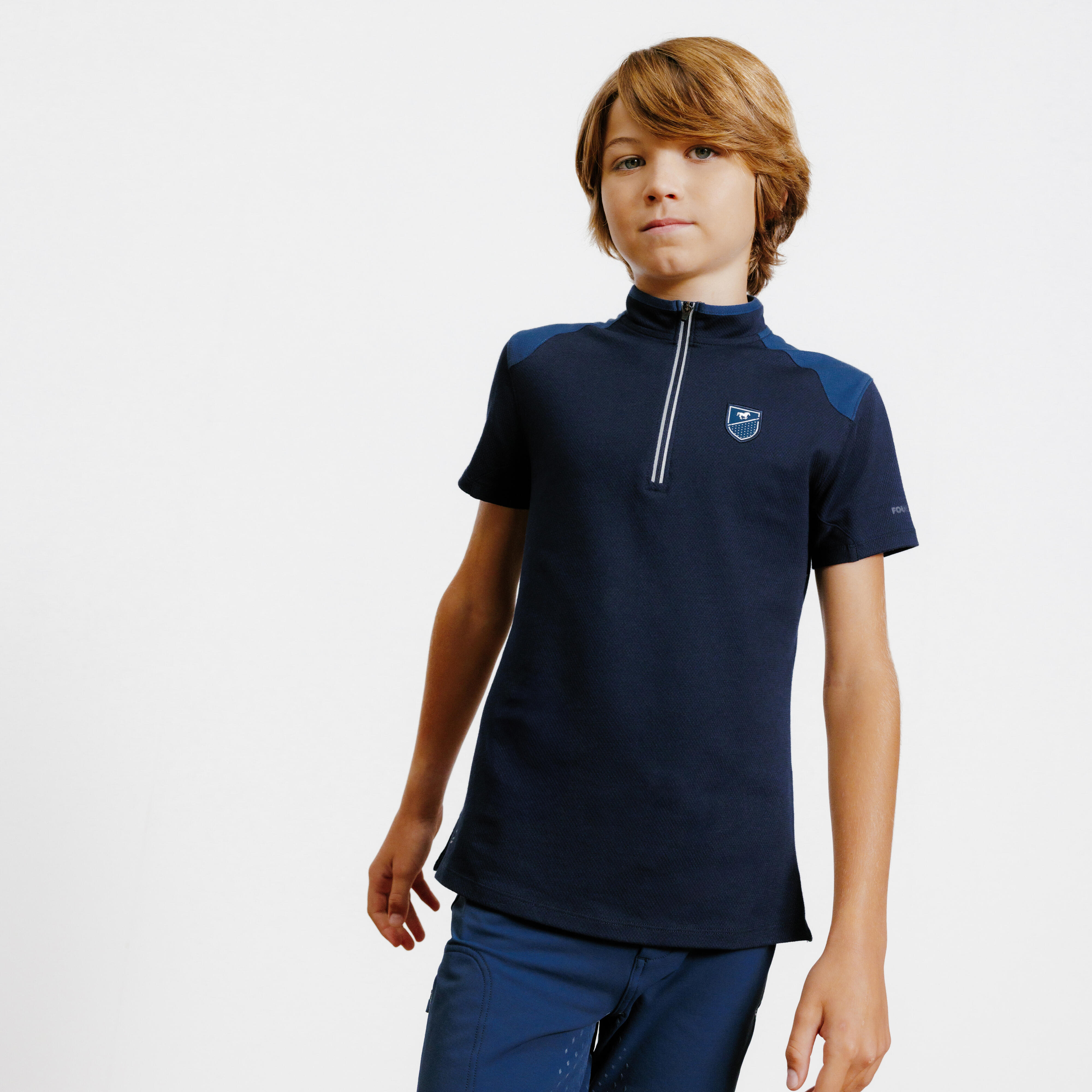 Children's short-sleeved zipped riding polo shirt - 500 navy