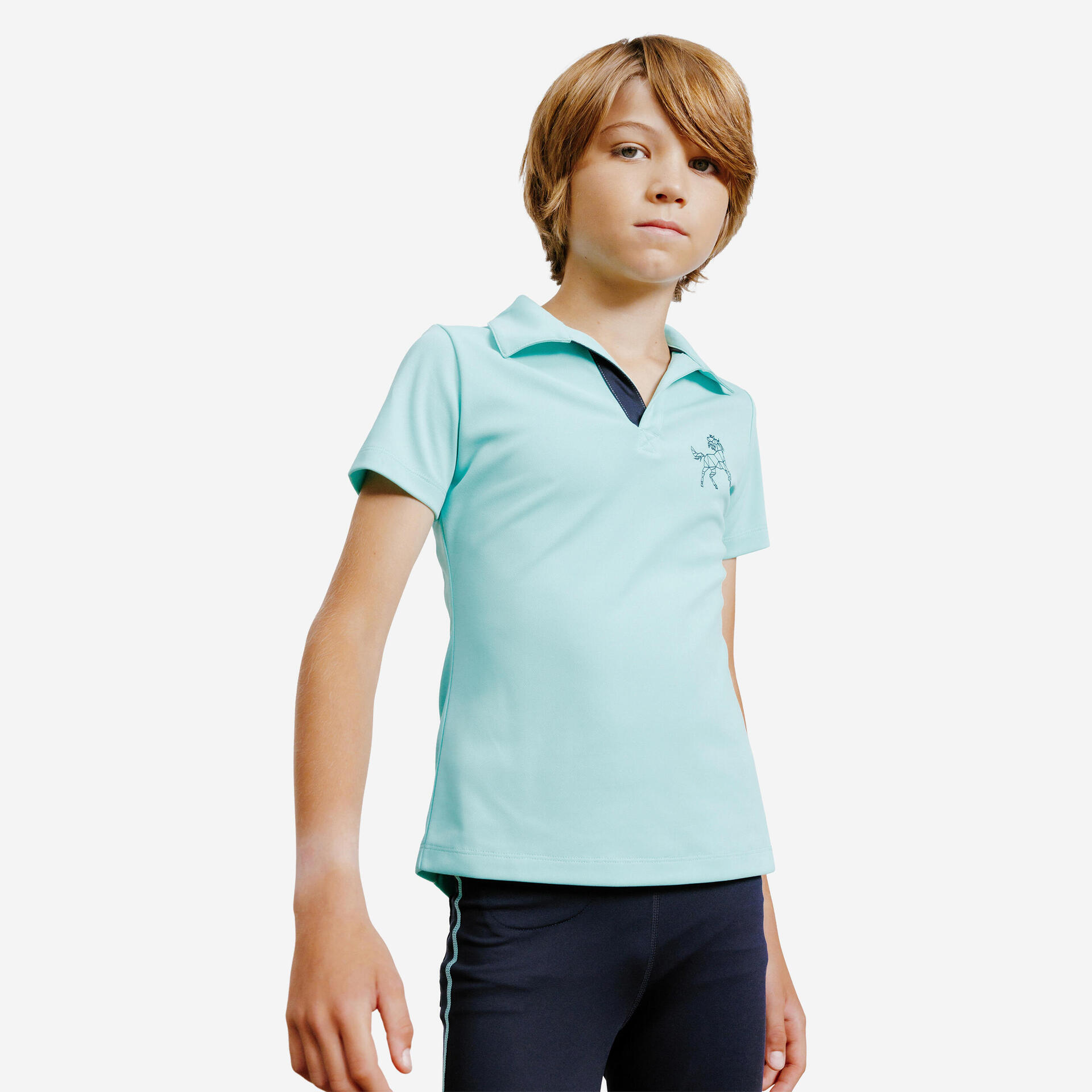 500 Mesh Kids' Short-Sleeved Horse Riding Polo Shirt Turquoise/Navy