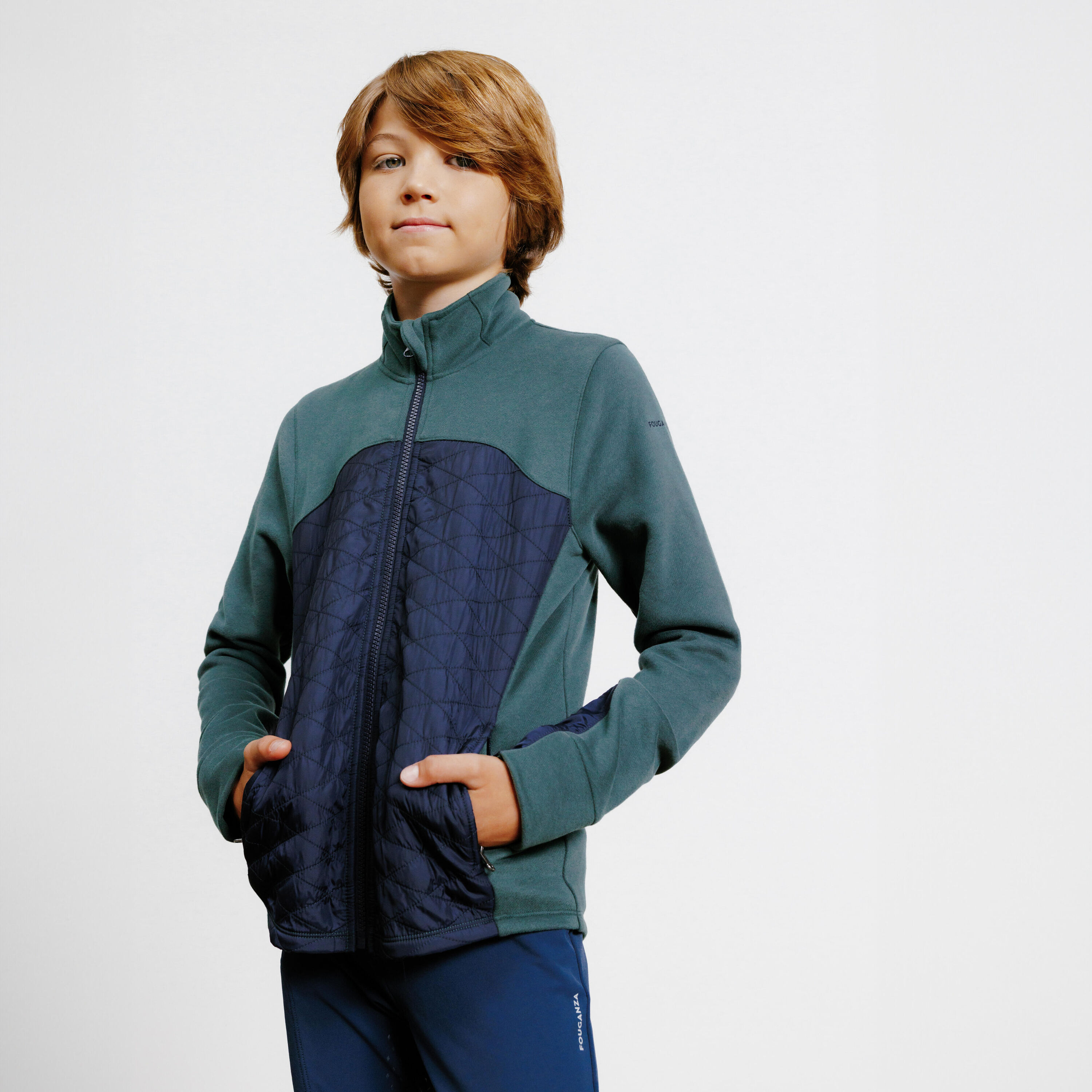 FOUGANZA Kids' Horse Riding Dual Fabric Zip Sweatshirt 500 - Green/Navy