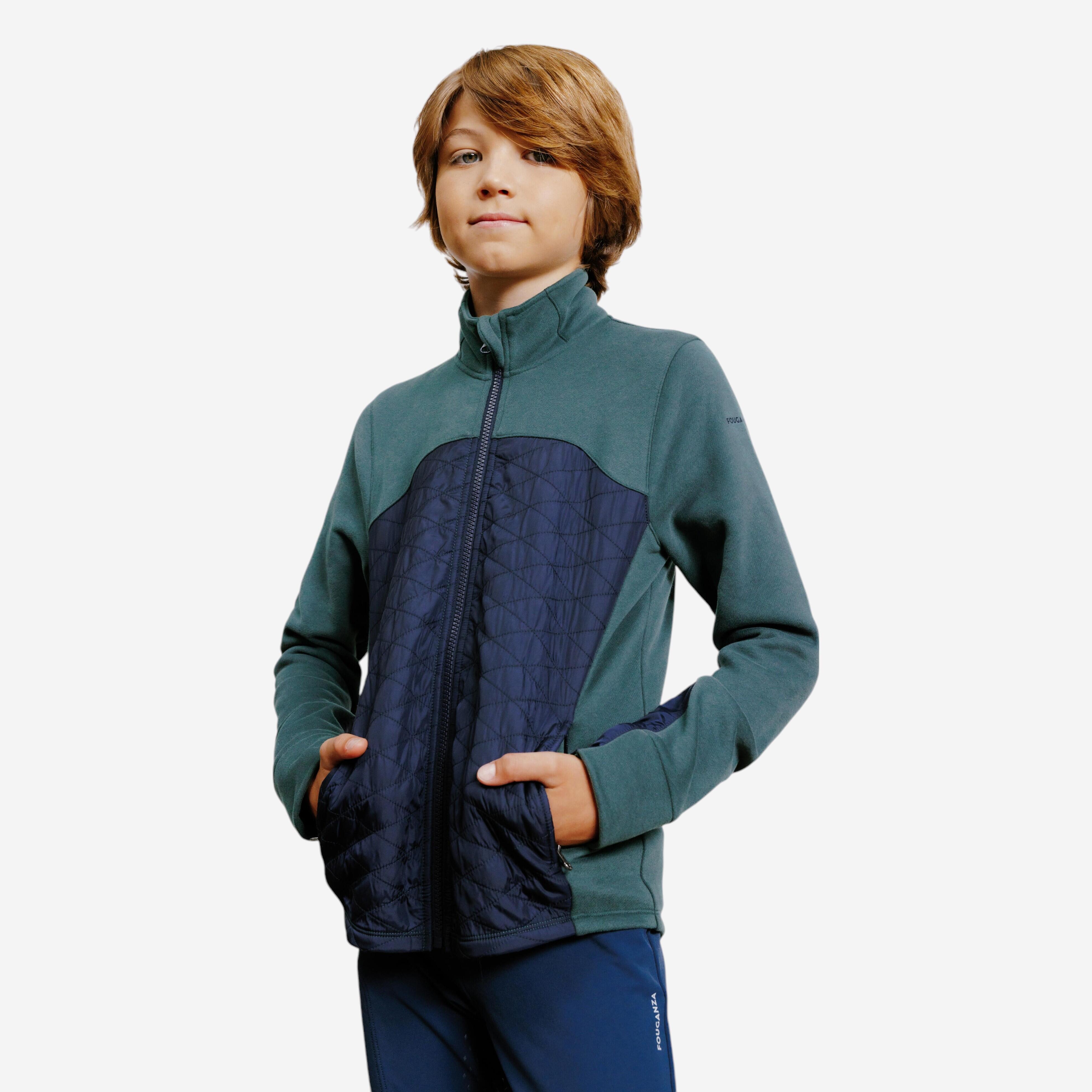 sweat équitation bi-matière zippé enfant - 500 vert et marine - fouganza