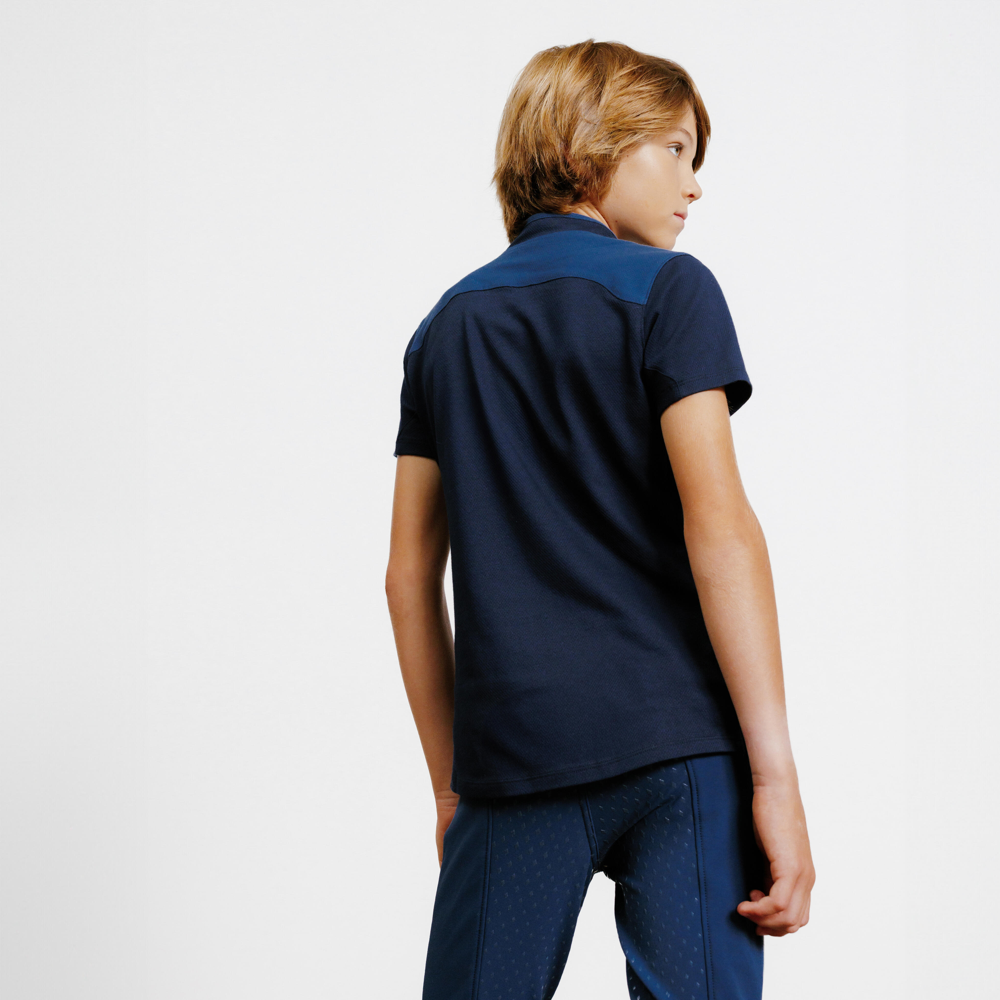Kids' Horse Riding Short-Sleeved Zipper Polo Shirt - 500 Navy - FOUGANZA