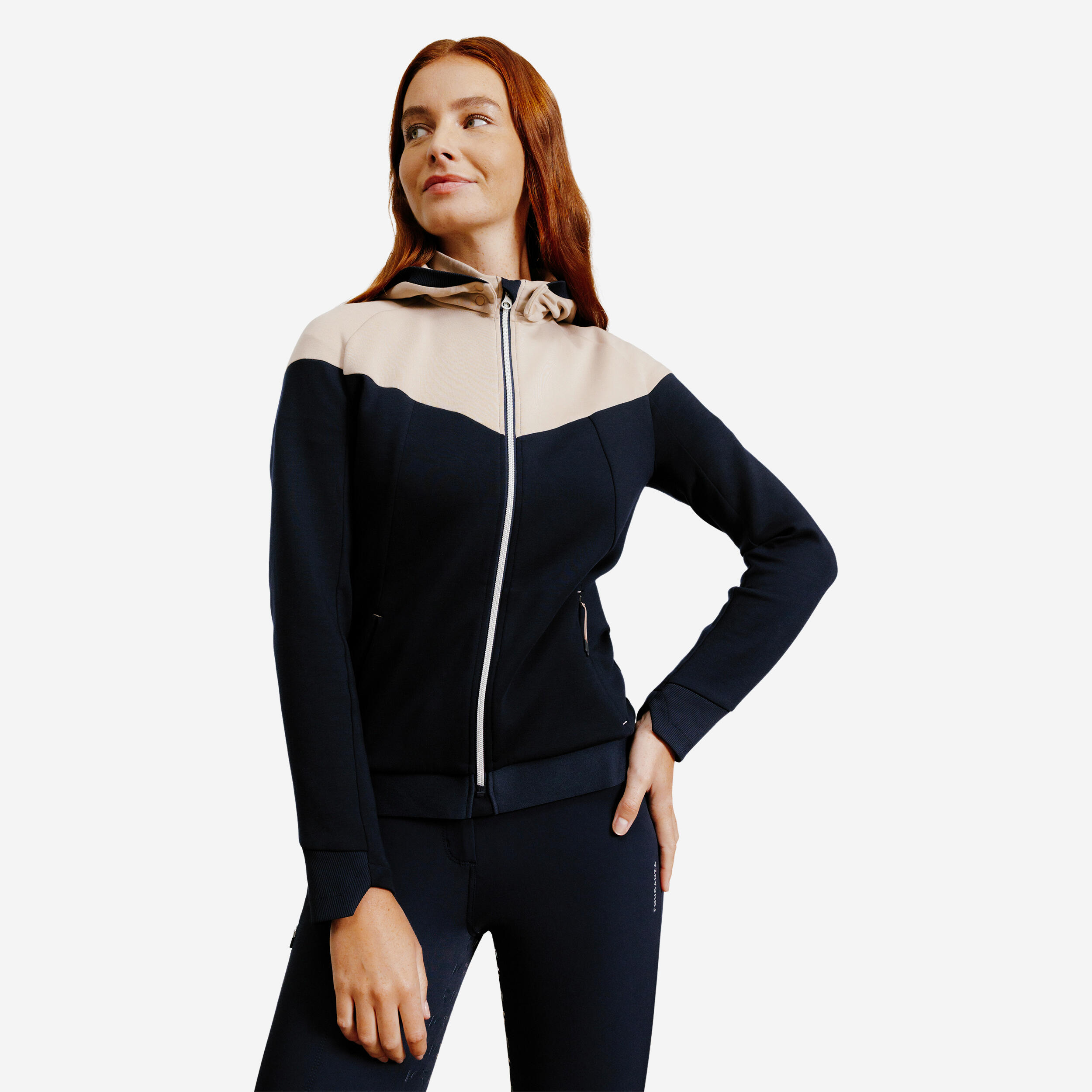 Women's Zipped Horse Riding Sweatshirt - 900 Blue/Beige - FOUGANZA