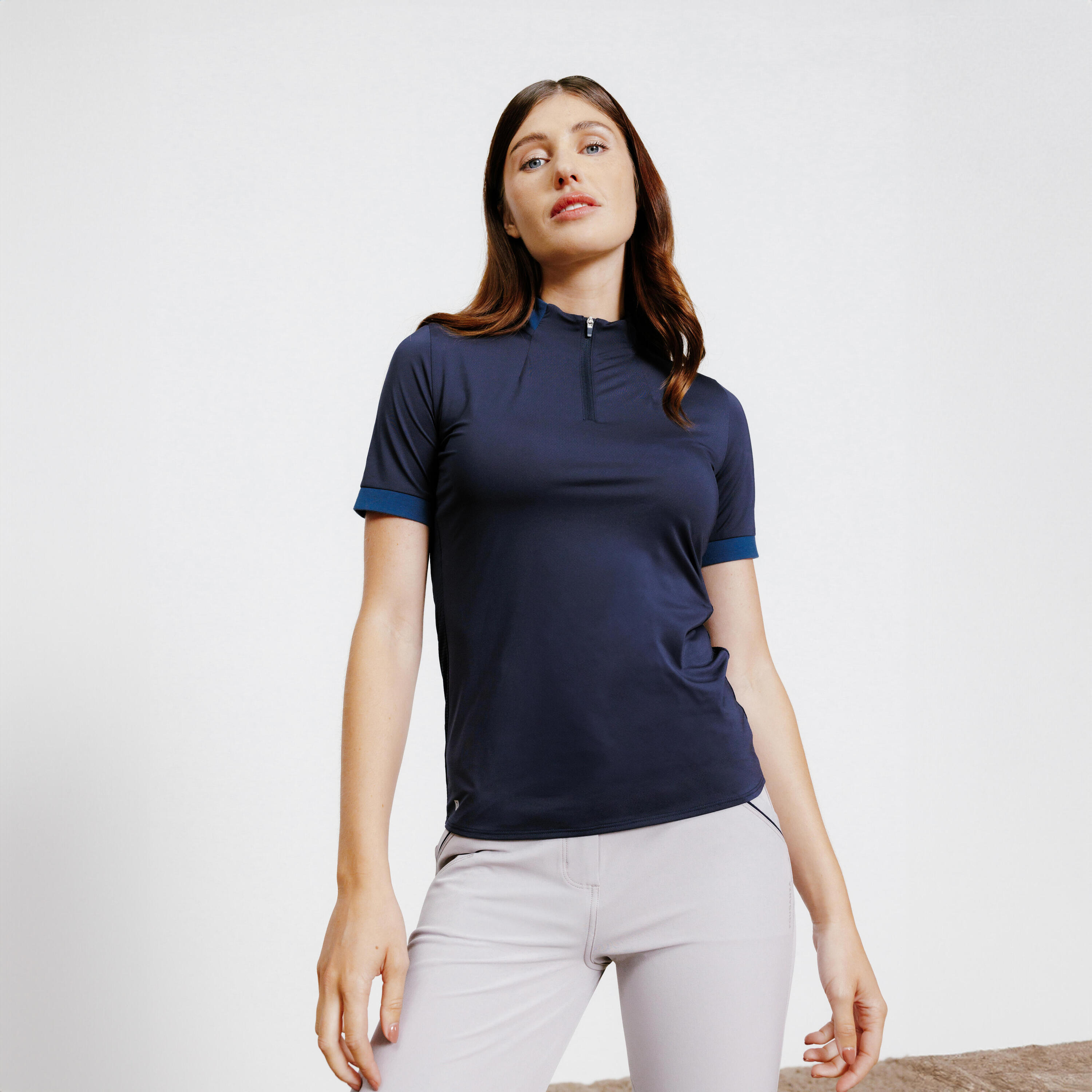 Poloshirt voor paardrijden dames Heritage korte mouwen marineblauw 4/6