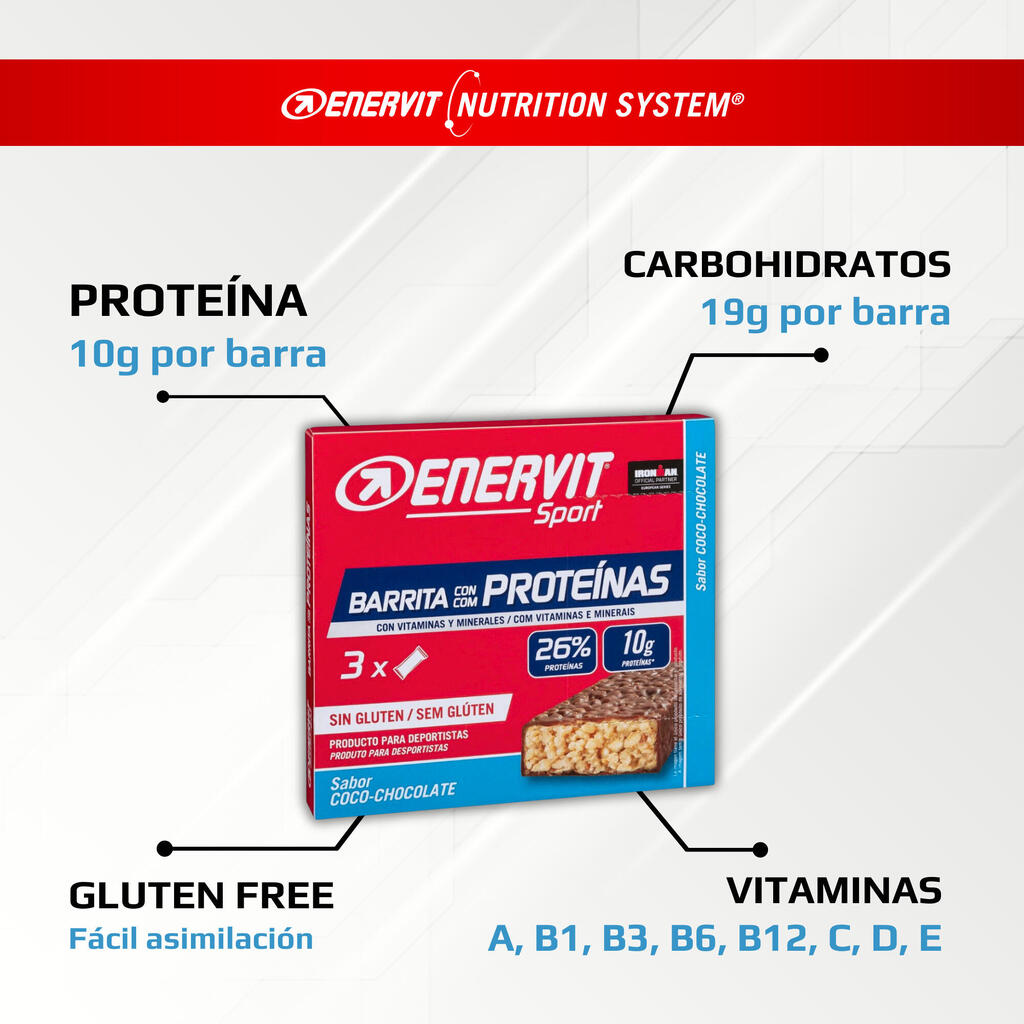 x3 Barras de proteína 10gr sin gluten con sabor a coco-chocolate Enervit