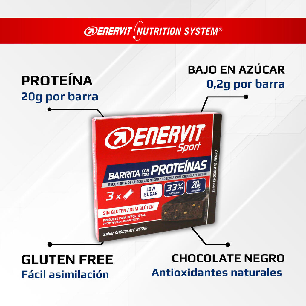 x3 Barras de proteína 20gr bajas en azucar sabor a chocolate negro Enervit
