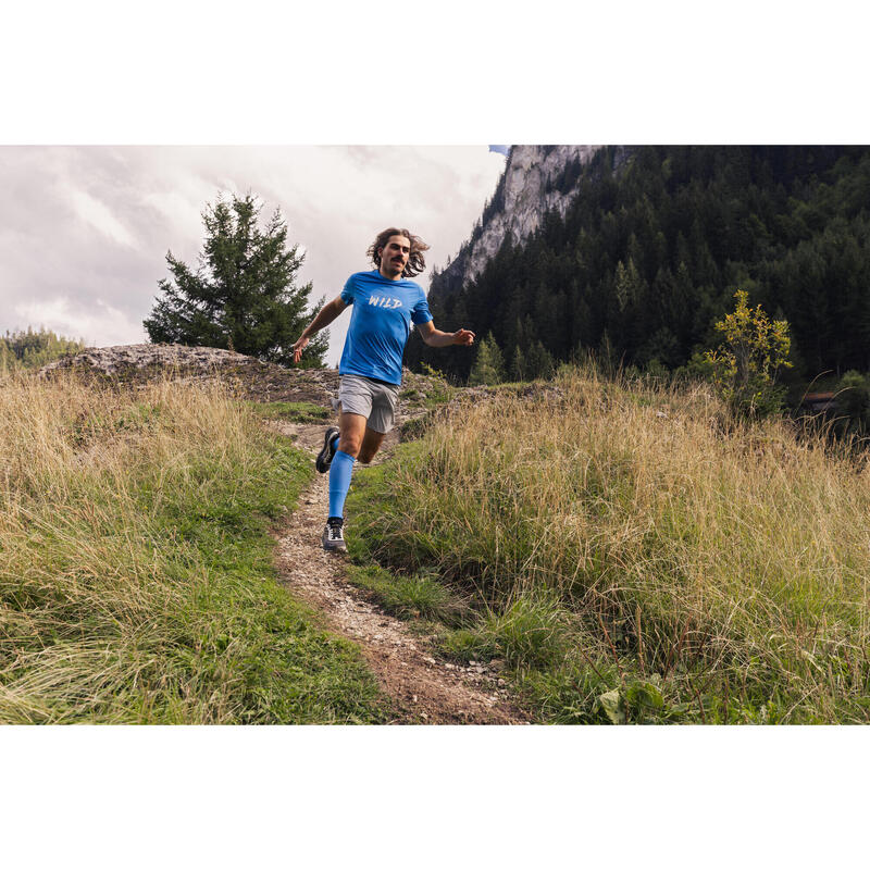 Laufshirt kurzarm Trailrunning Herren robust - Run 500 blau mit Grafikprint 