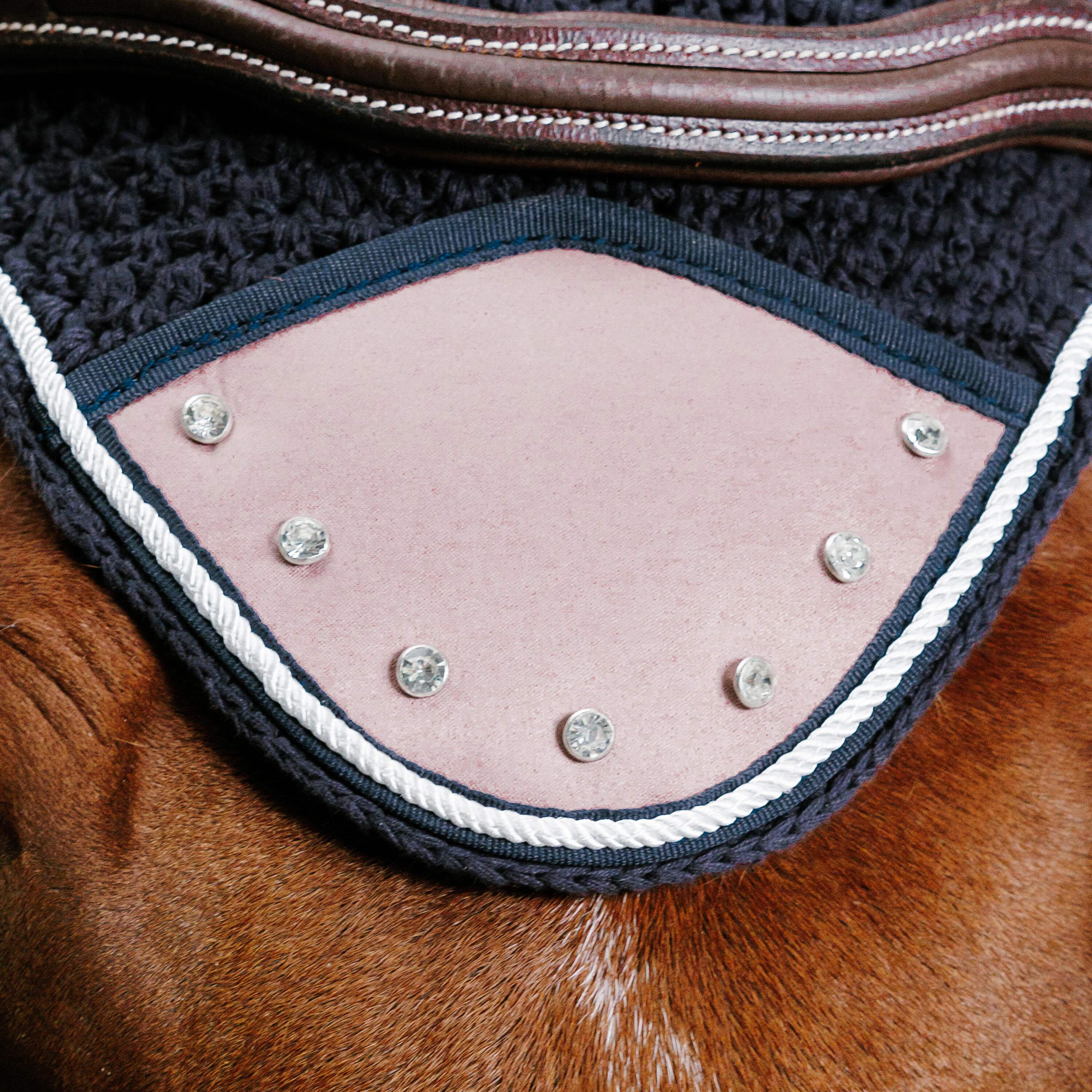 Cuffia equitazione cavallo STRASS rosa antico 3/4