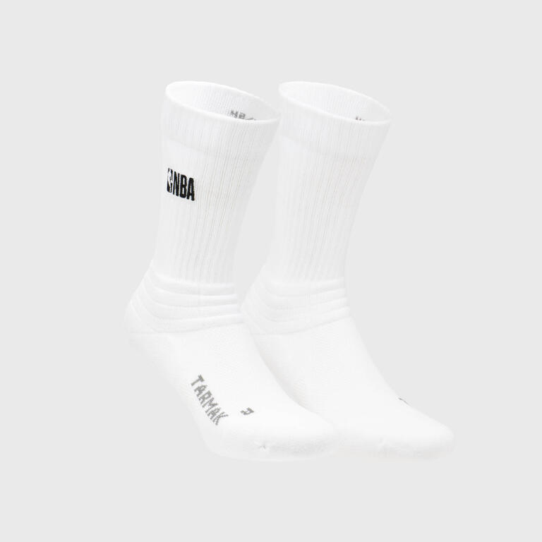 White low-rise NBA basketball socks with cushioned foot sections and black logo details