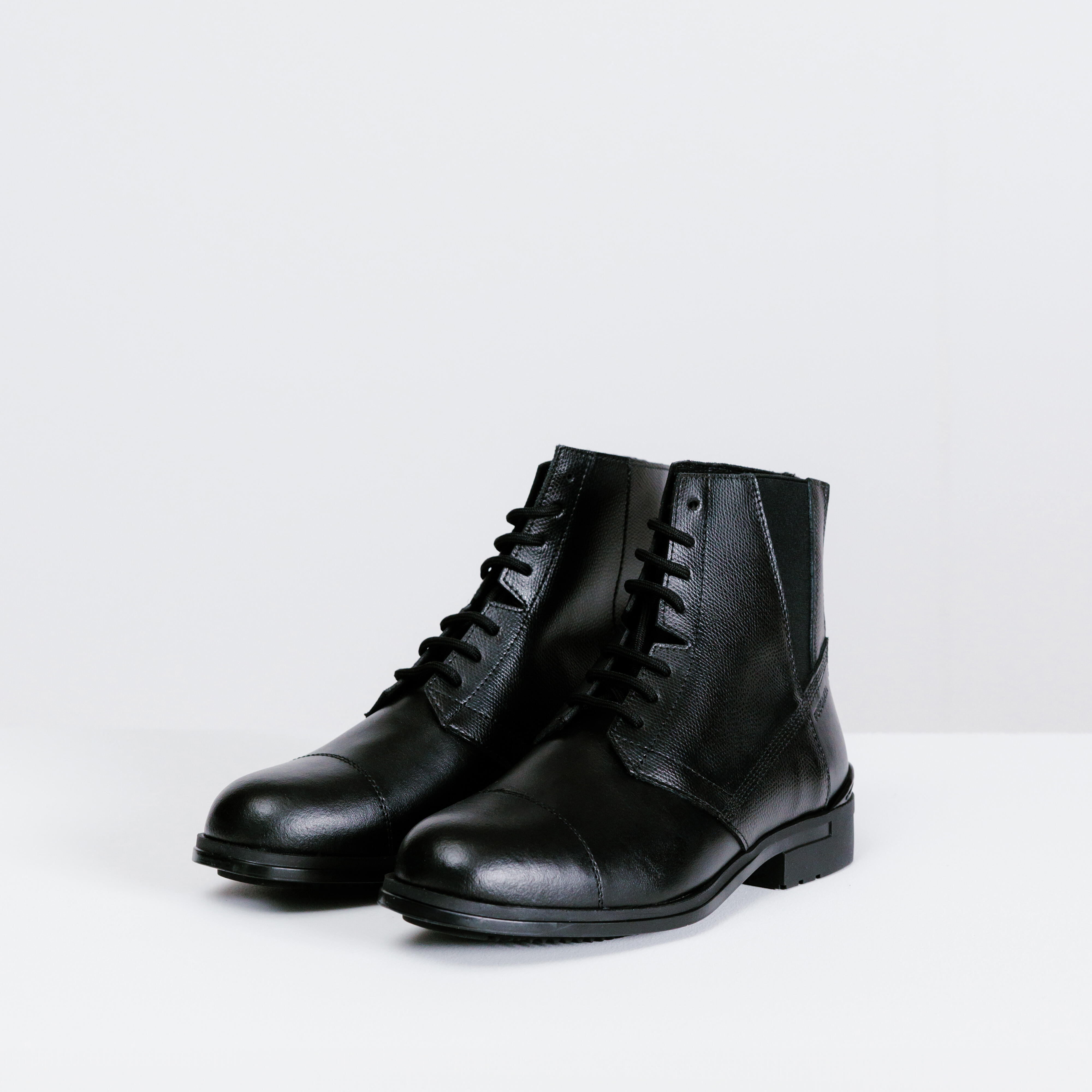 Boots d’équitation en cuir à lacets femme - 500 noir - FOUGANZA