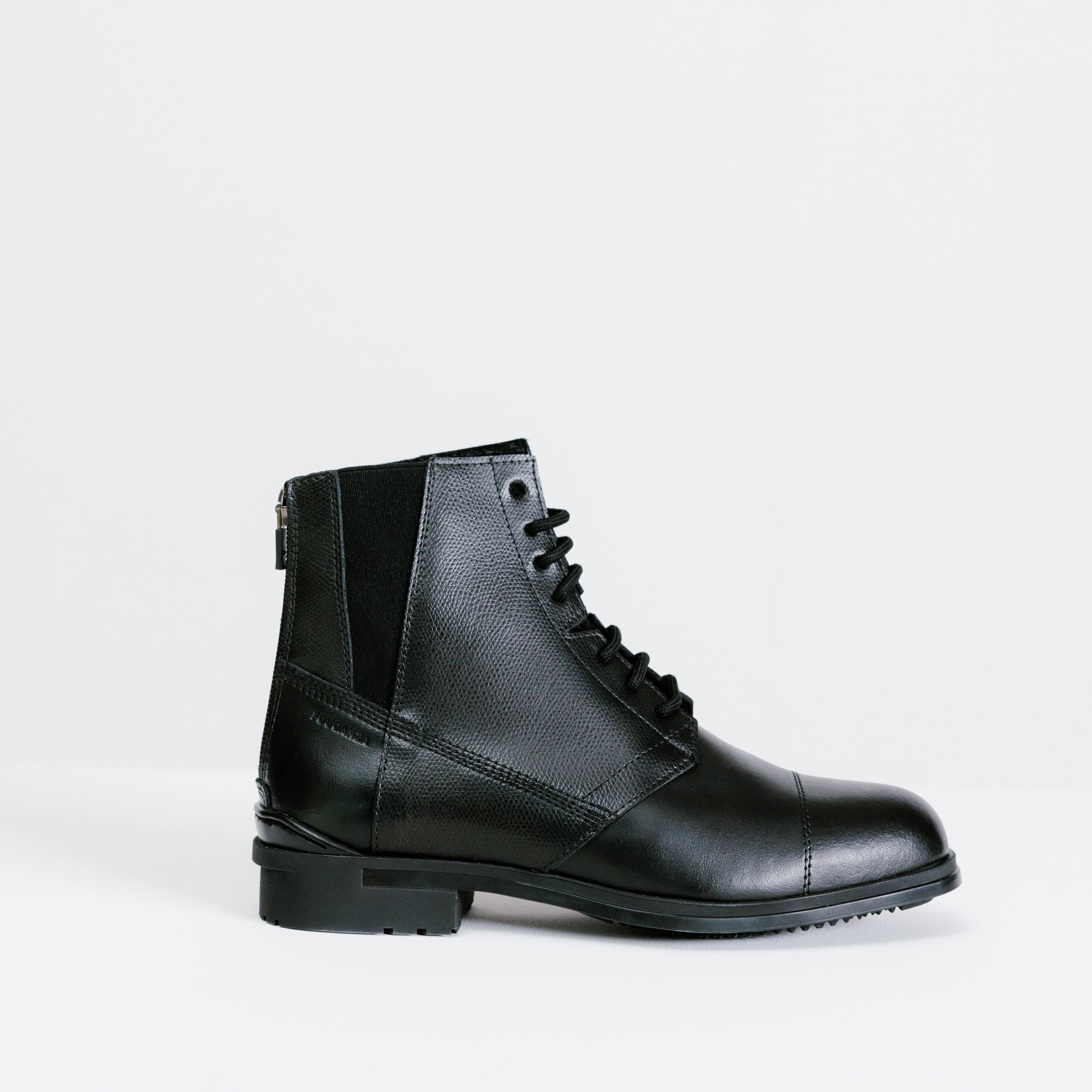 Boots d’équitation en cuir à lacets femme - 500 noir - FOUGANZA