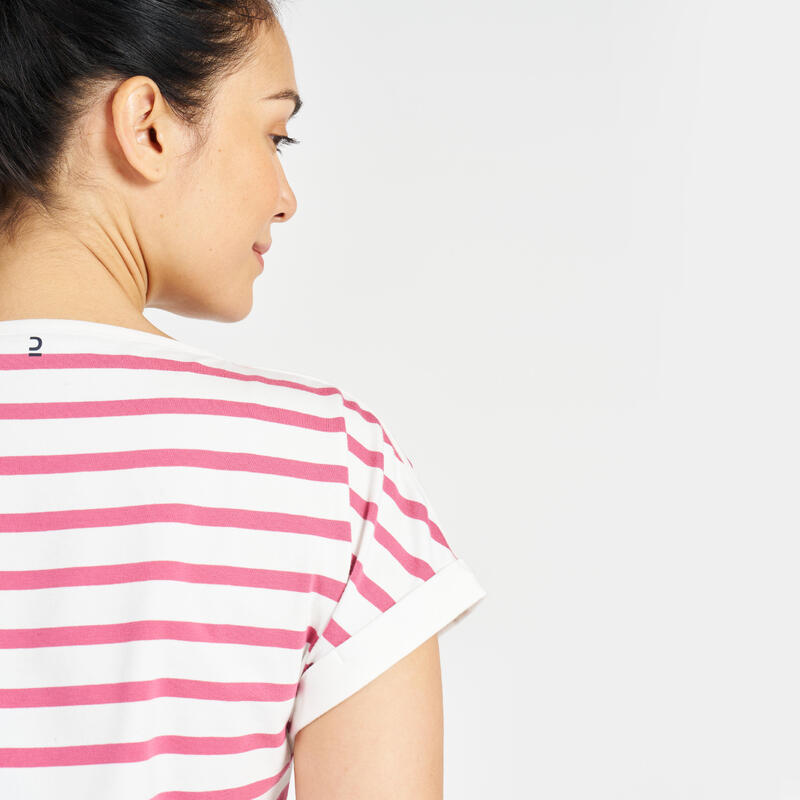 Gestreept T-shirt met korte mouwen voor zeilen dames Sailing 100 ecru/roze