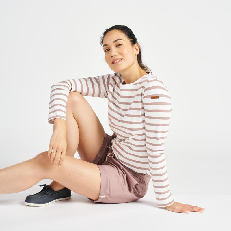 Streepjesshirt met lange mouwen voor zeilen dames Sailing 100 ecru taupe