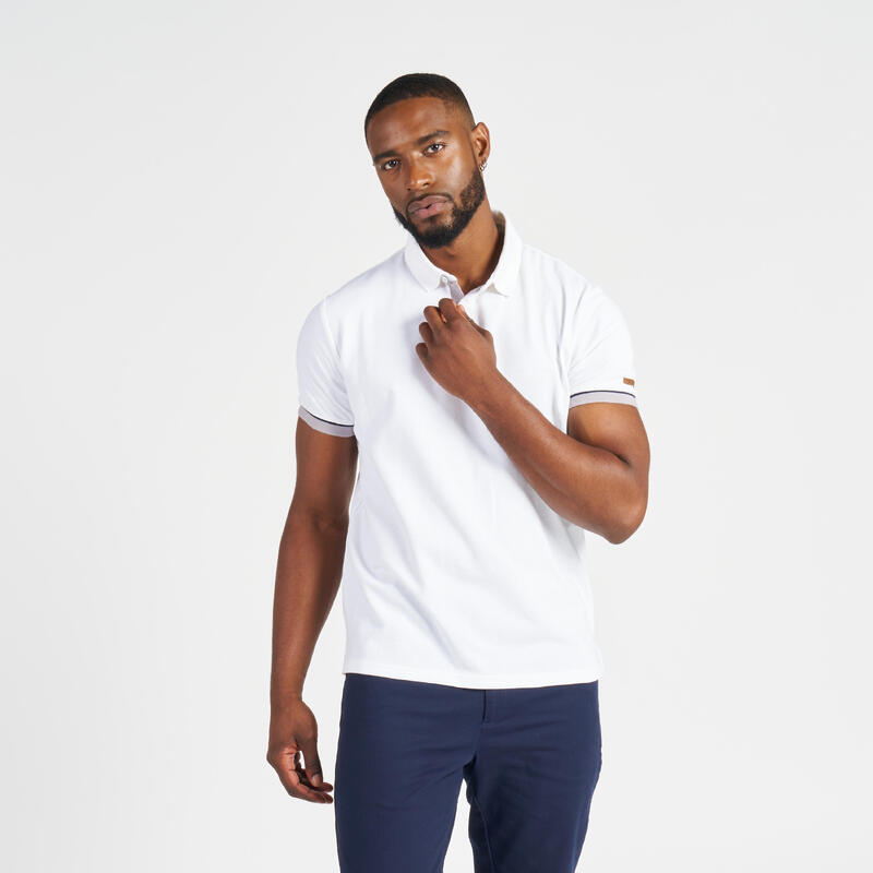Tricou Polo navigație Sailing 100 Alb Mânecă Gri Bărbați